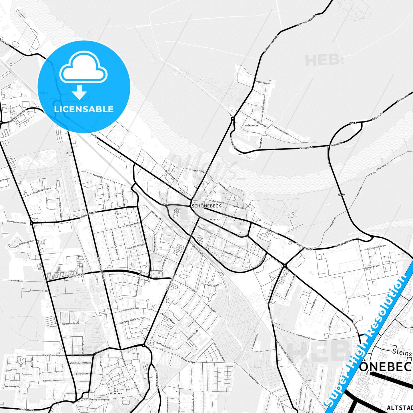 Schonebeck, Germany Light Map with Street Names, City Names, and Districts