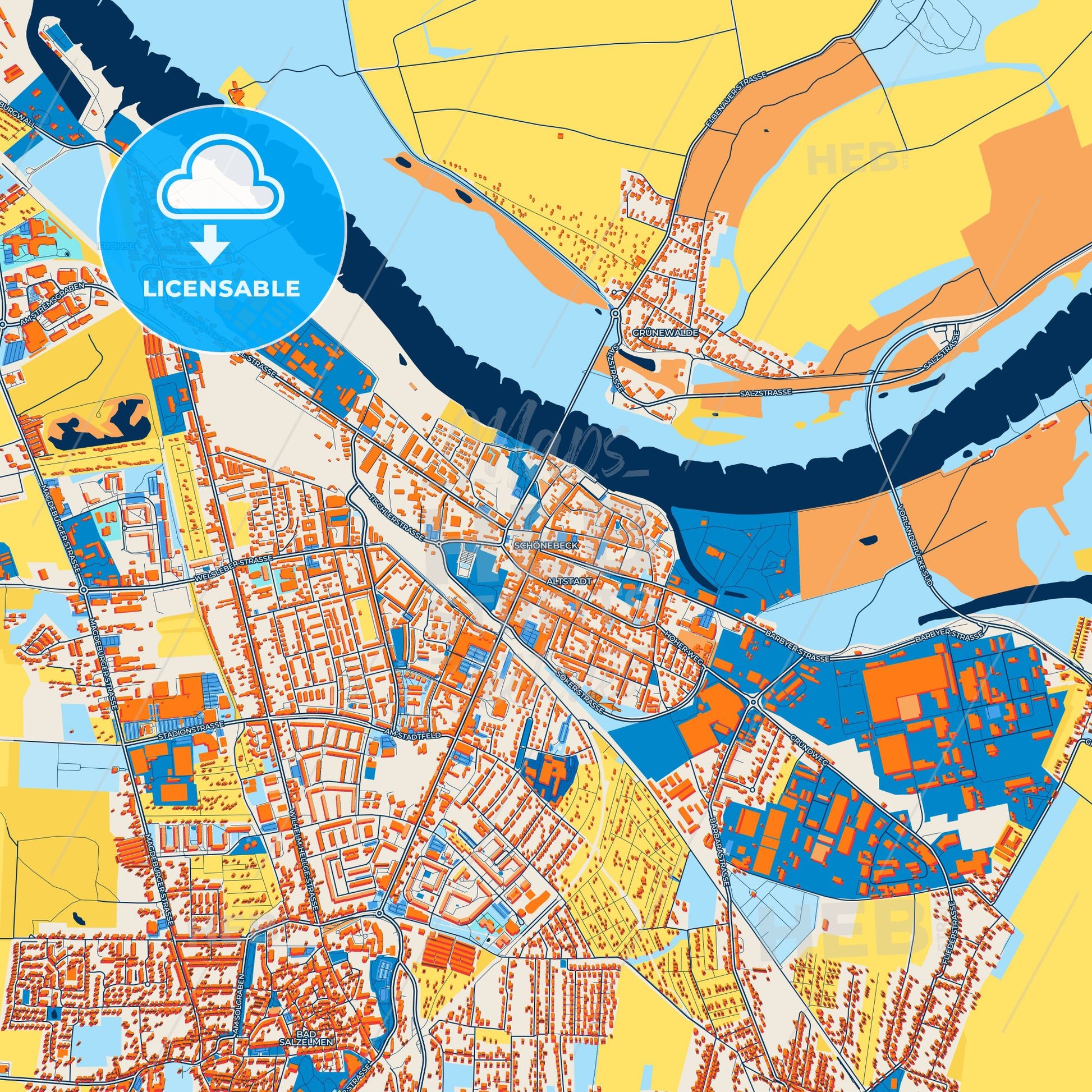 Colorful Schonebeck Street Map with Labels and Buildings