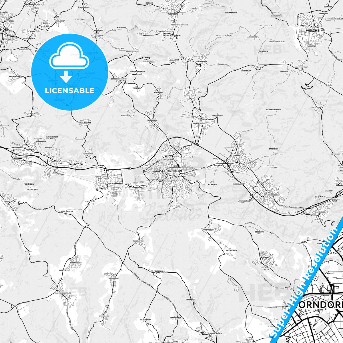 Schorndorf, Germany light map with streetnames, citynames and districts
