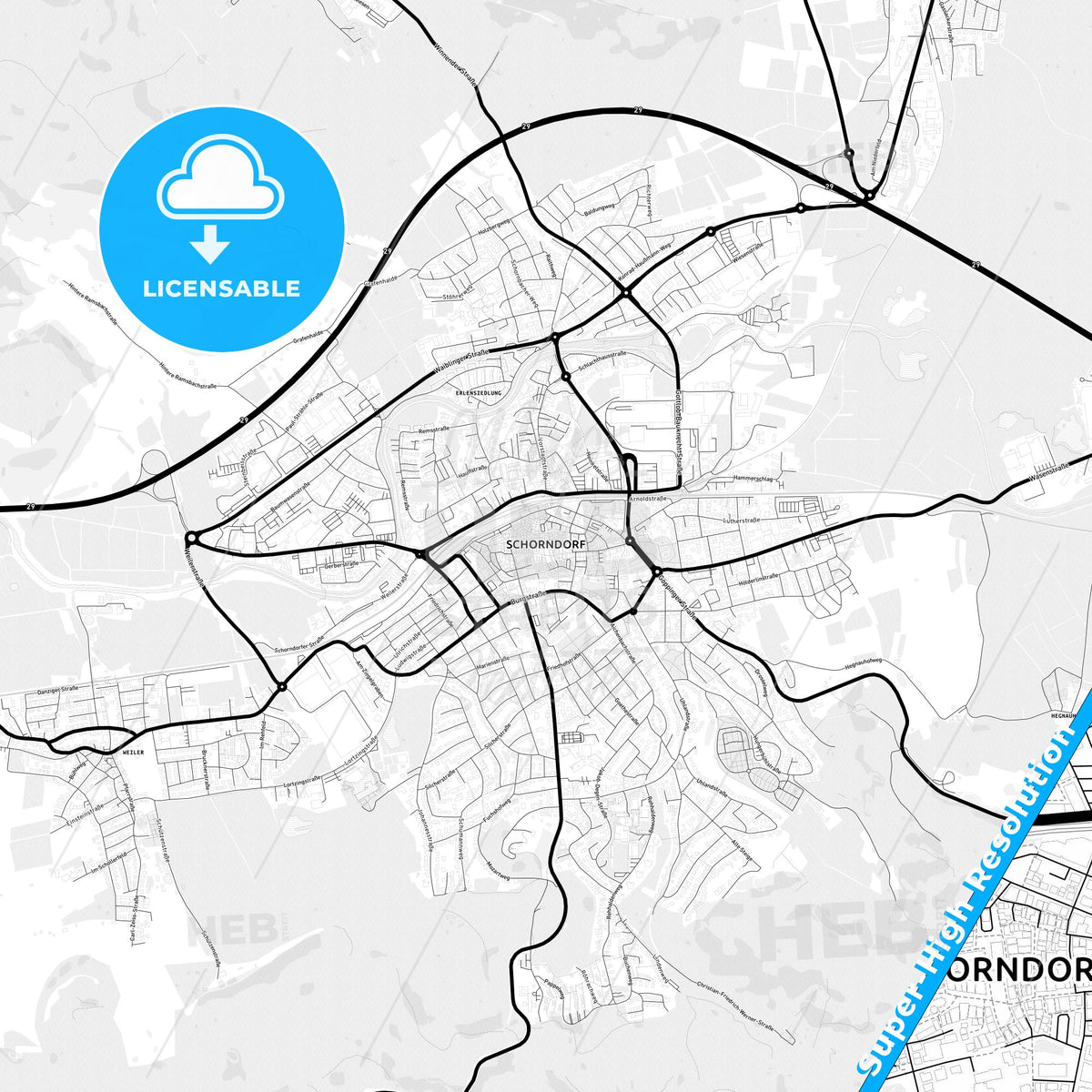 Schorndorf, Germany Light Map with Street Names, City Names, and Districts