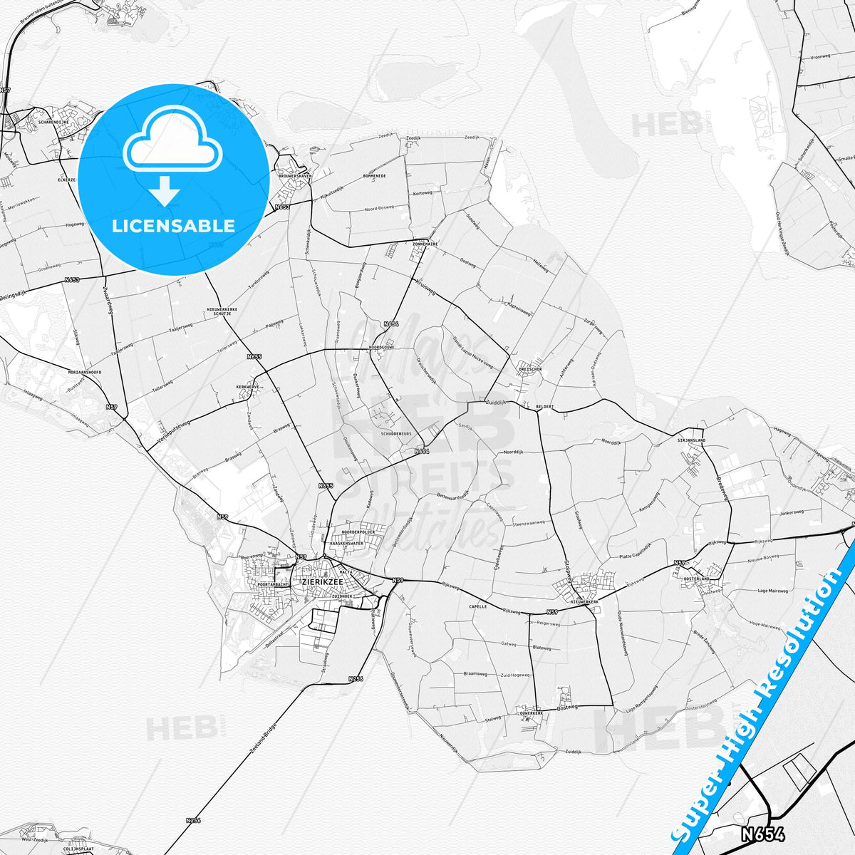 Schouwen-Duiveland, Netherlands light map with streetnames, citynames and districts
