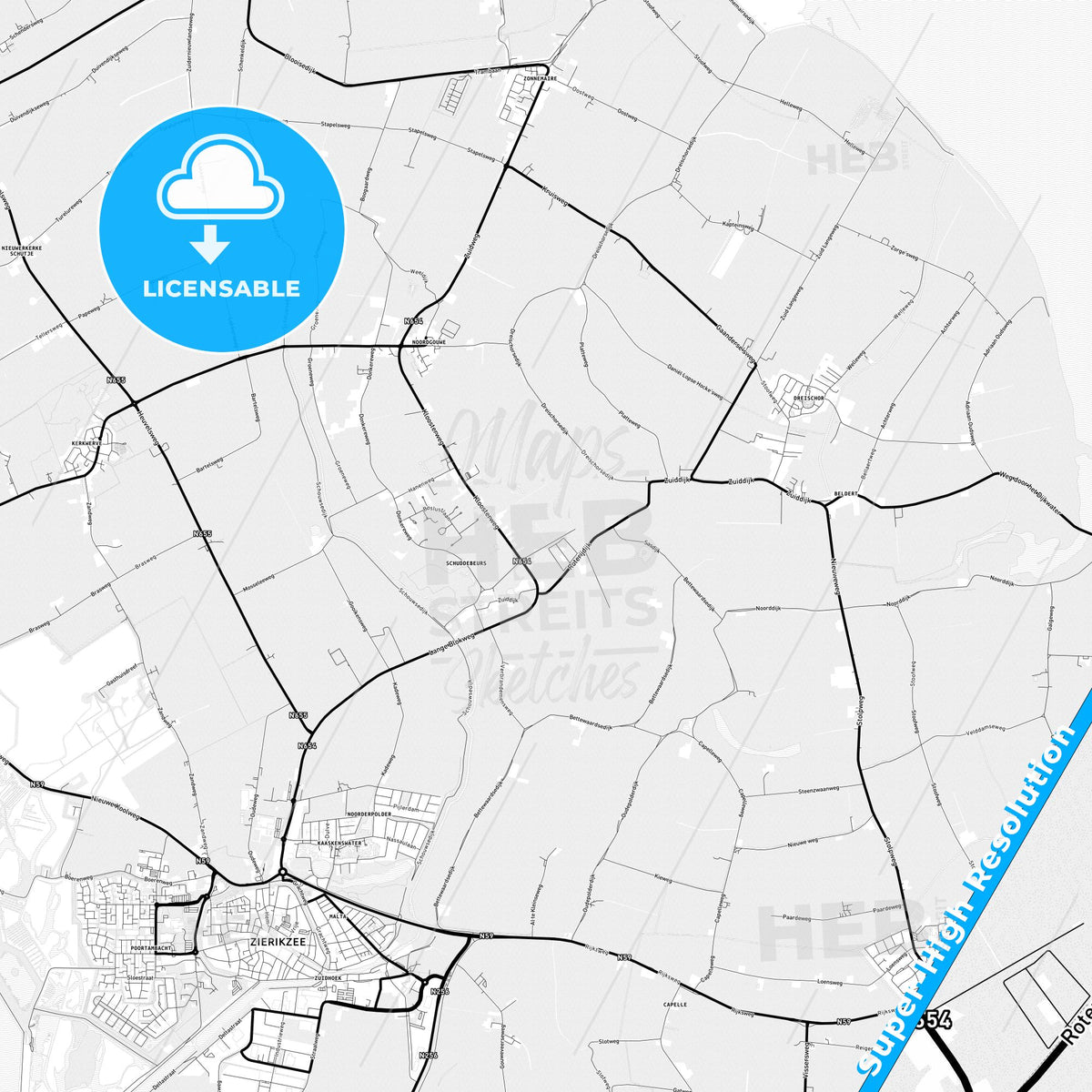 Schouwen-Duiveland, Netherlands Light Map with Street Names, City Names, and Districts