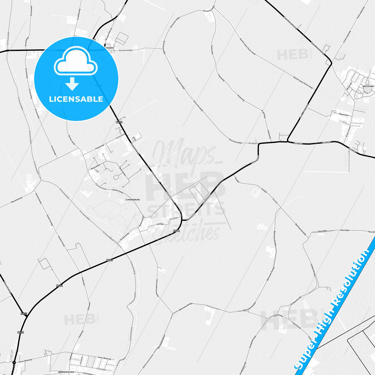 Schouwen-Duiveland, Netherlands Light Map with Street Names, City Names, and Districts