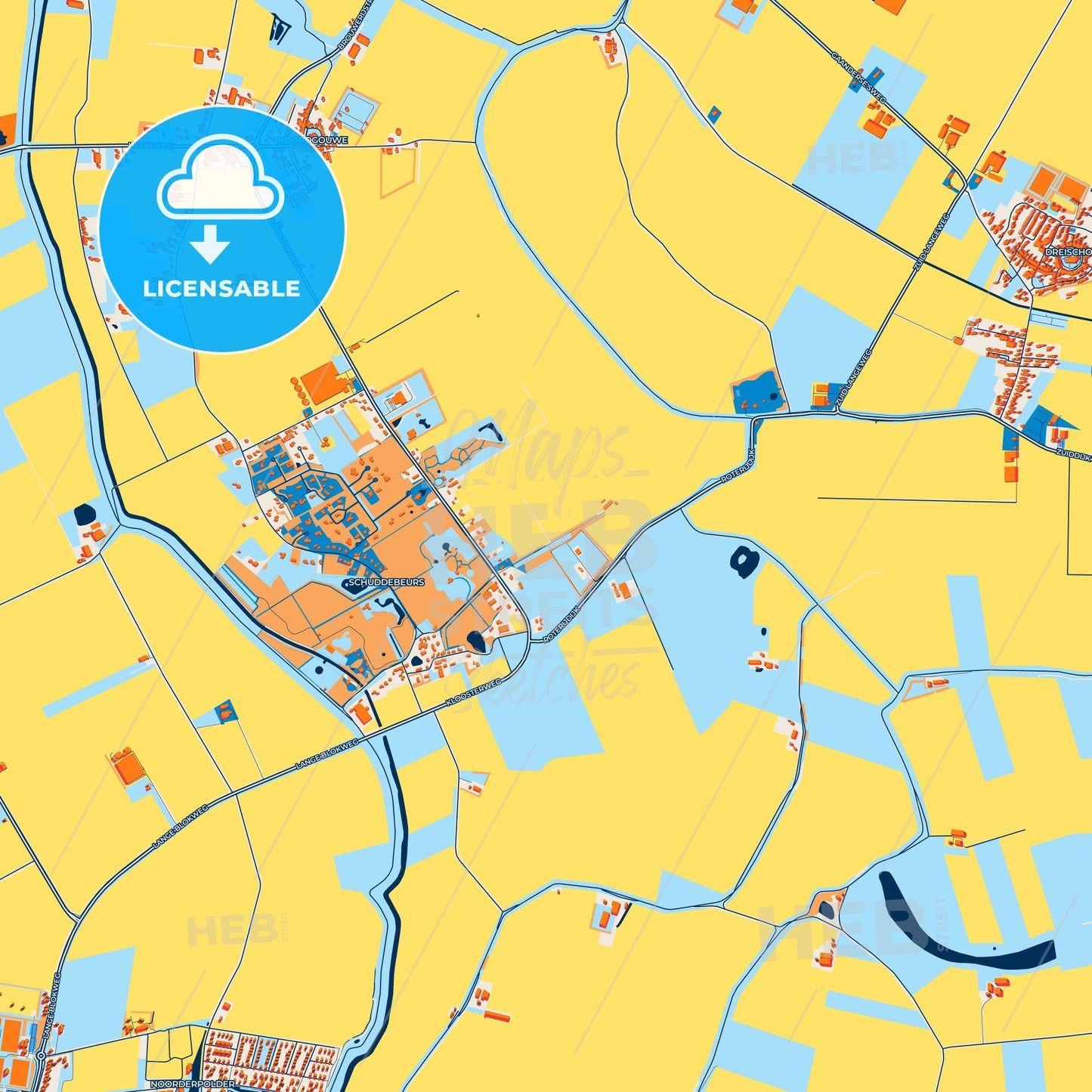 Colorful Schouwen-Duiveland Street Map with Labels and Buildings