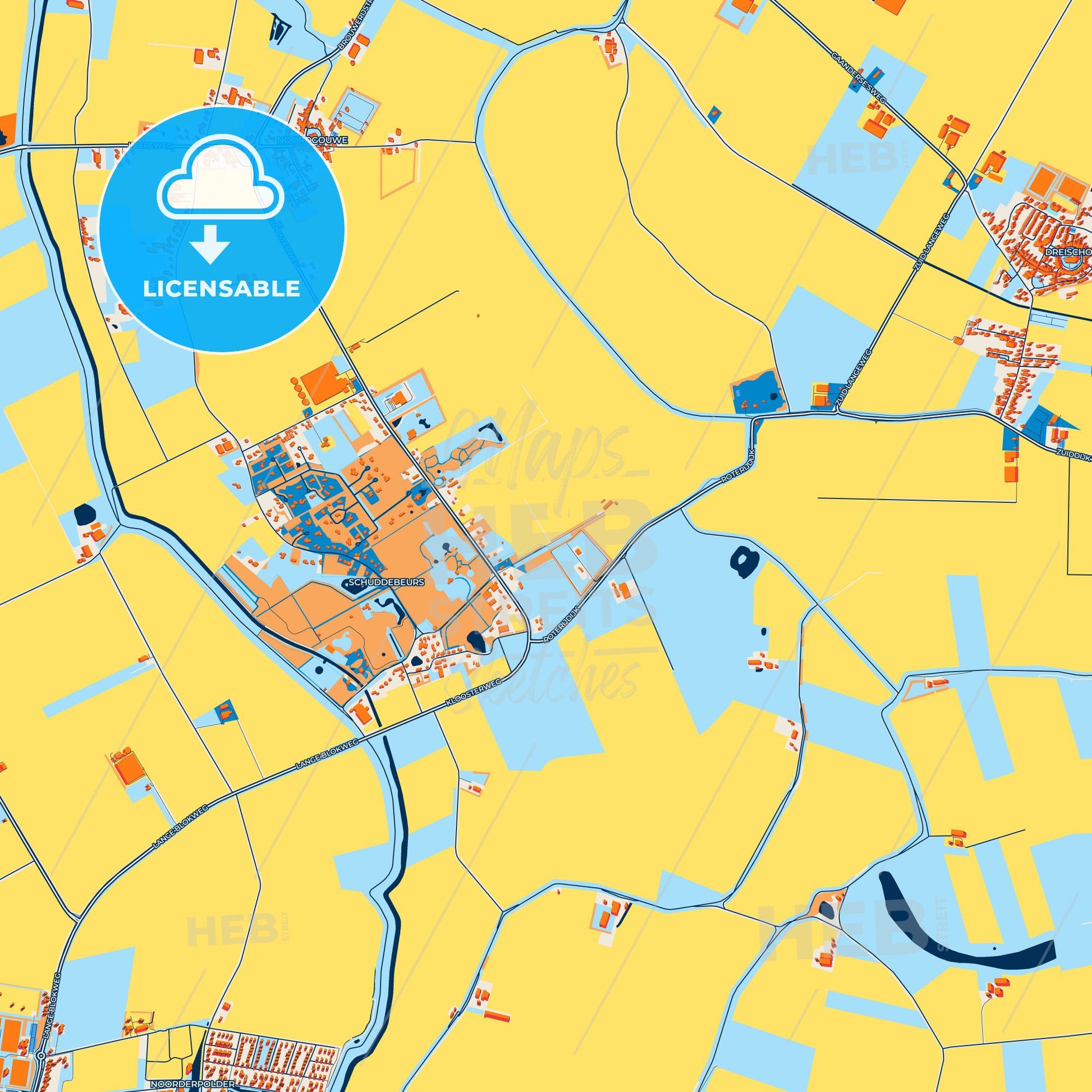 Colorful Schouwen-Duiveland Street Map with Labels and Buildings
