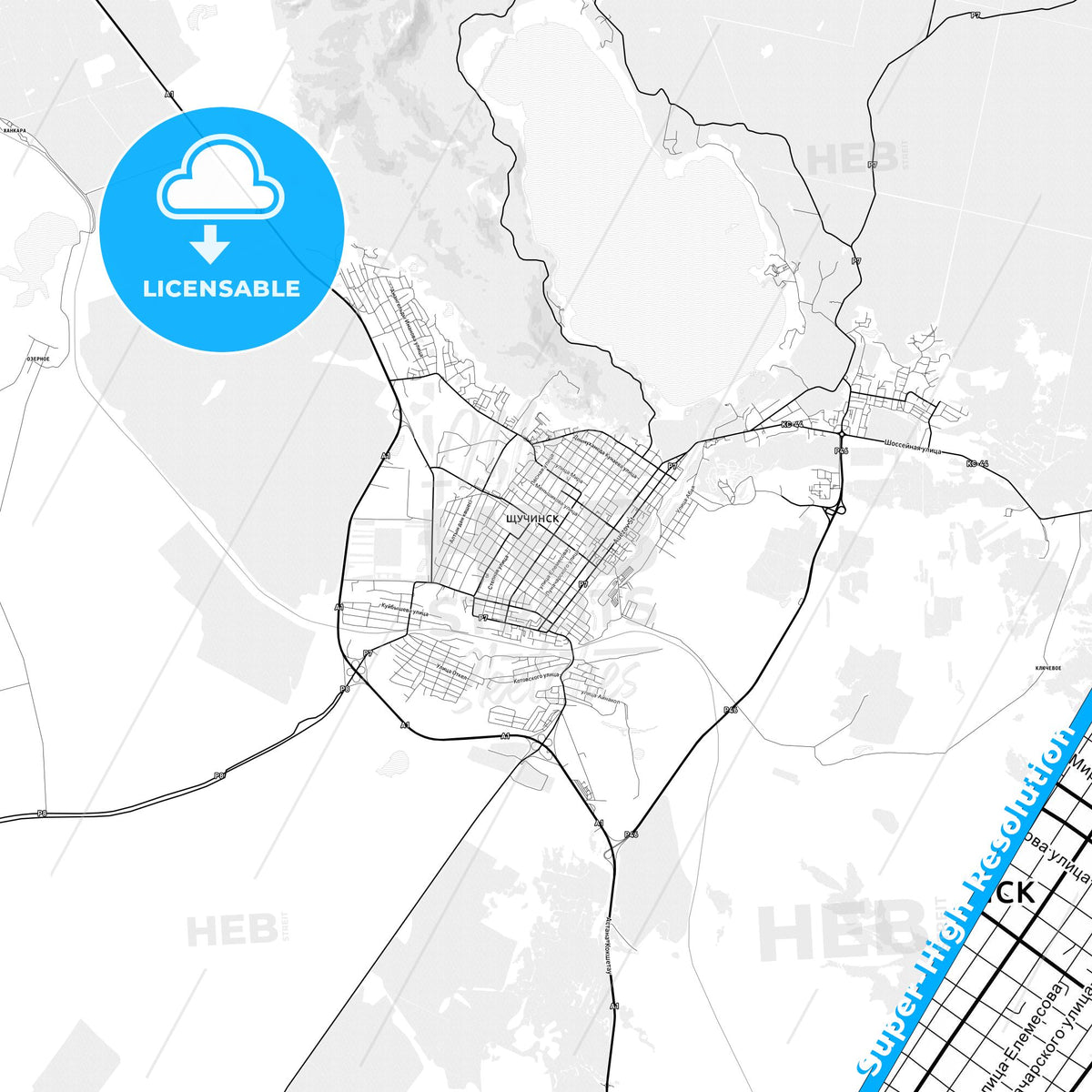 Schuchinsk, Kazakhstan light map with streetnames, citynames and districts