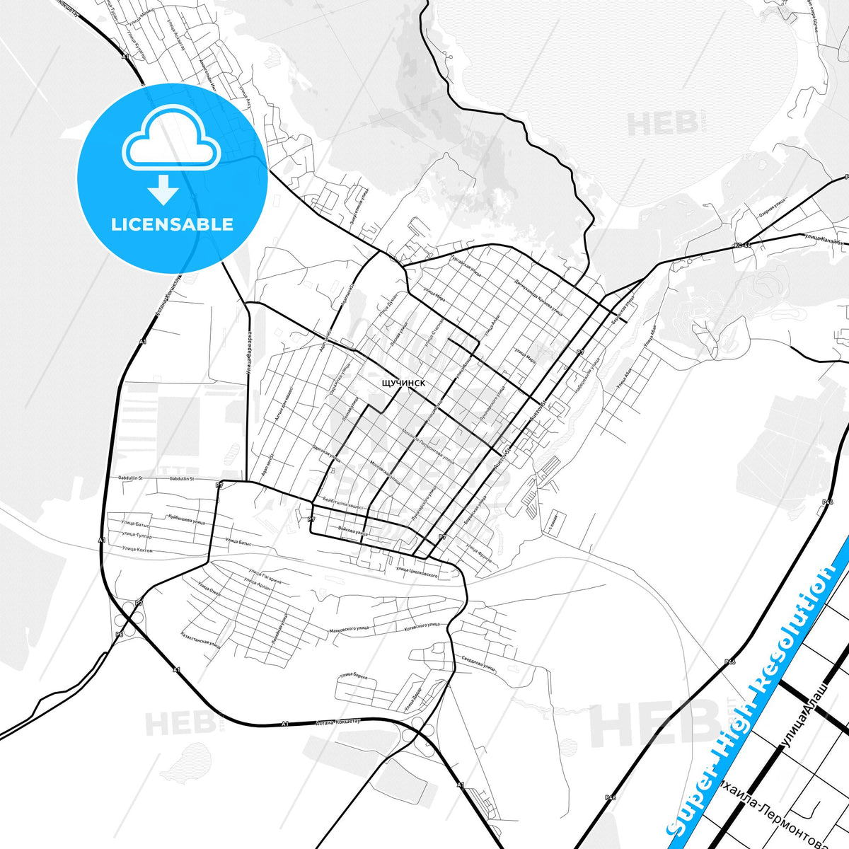 Schuchinsk, Kazakhstan Light Map with Street Names, City Names, and Districts