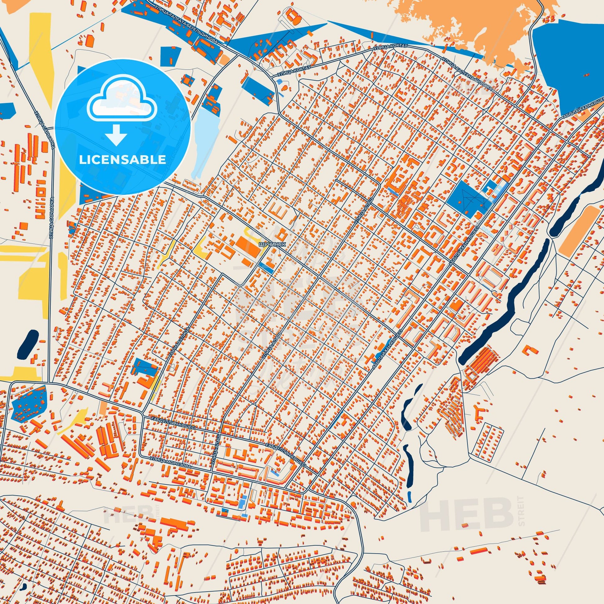 Colorful Schuchinsk Street Map with Labels and Buildings