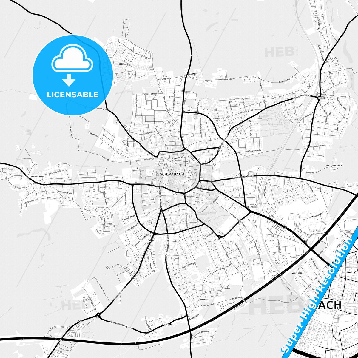 Schwabach, Germany Light Map with Street Names, City Names, and Districts