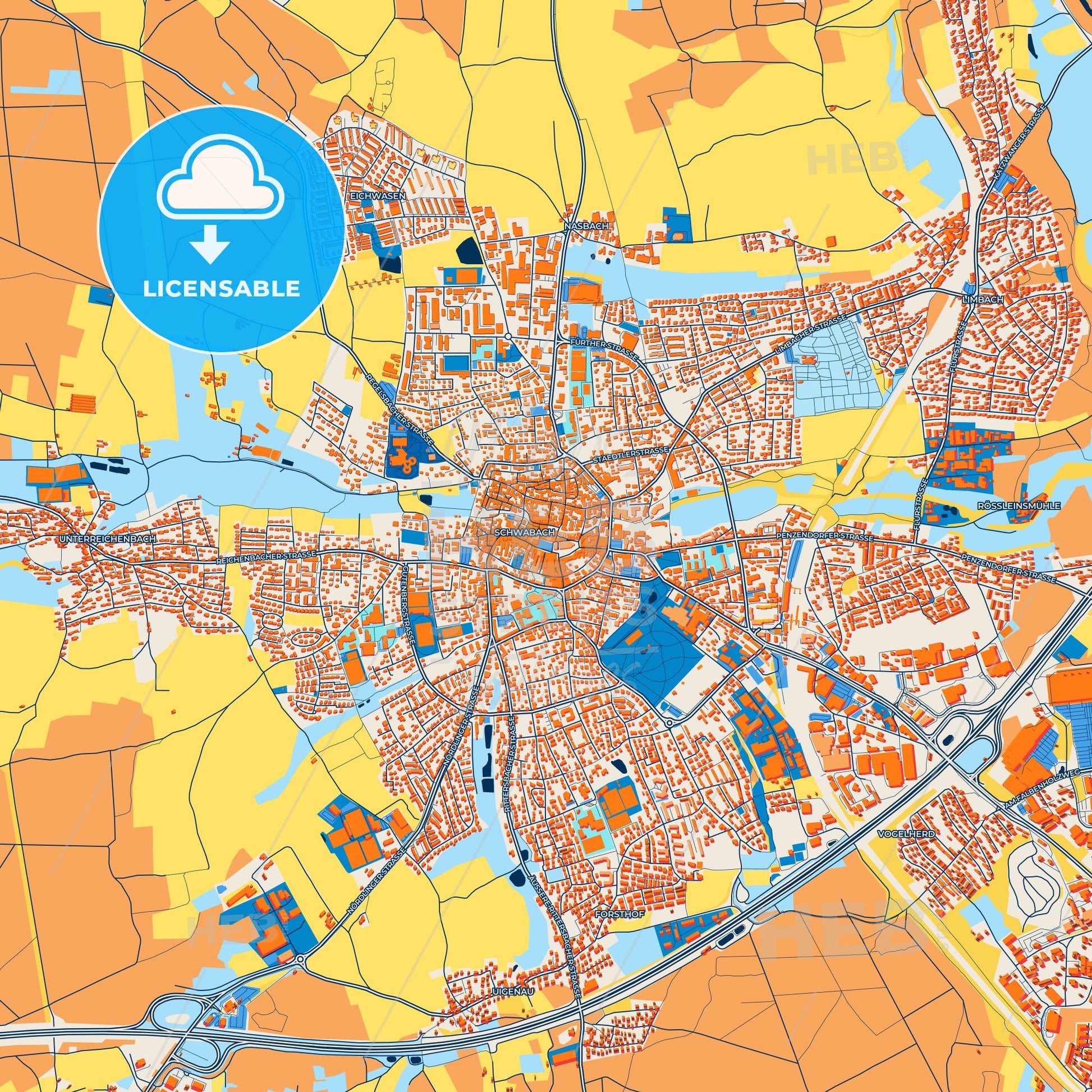 Colorful Schwabach Street Map with Labels and Buildings