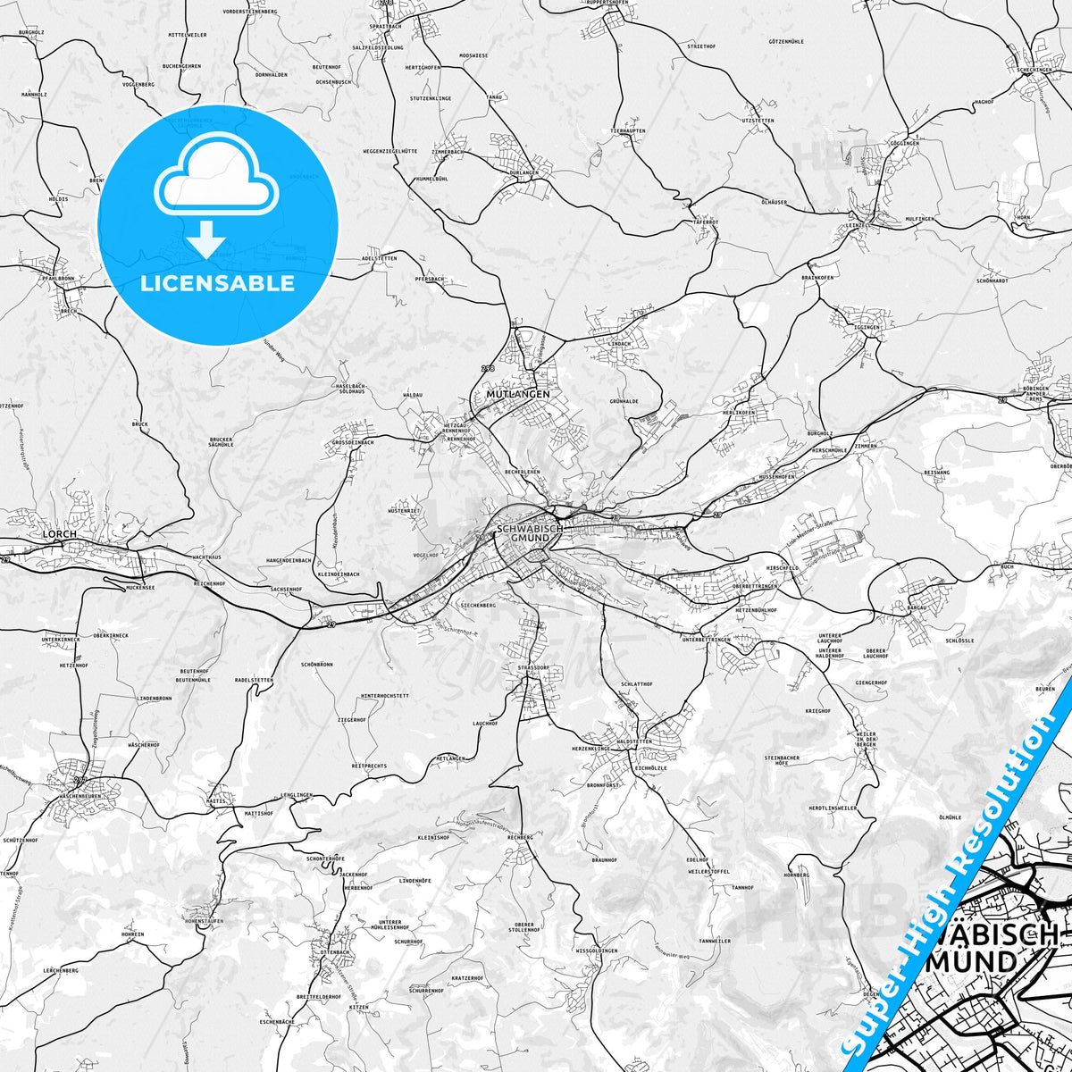Schwabisch Gmund, Germany light map with streetnames, citynames and districts