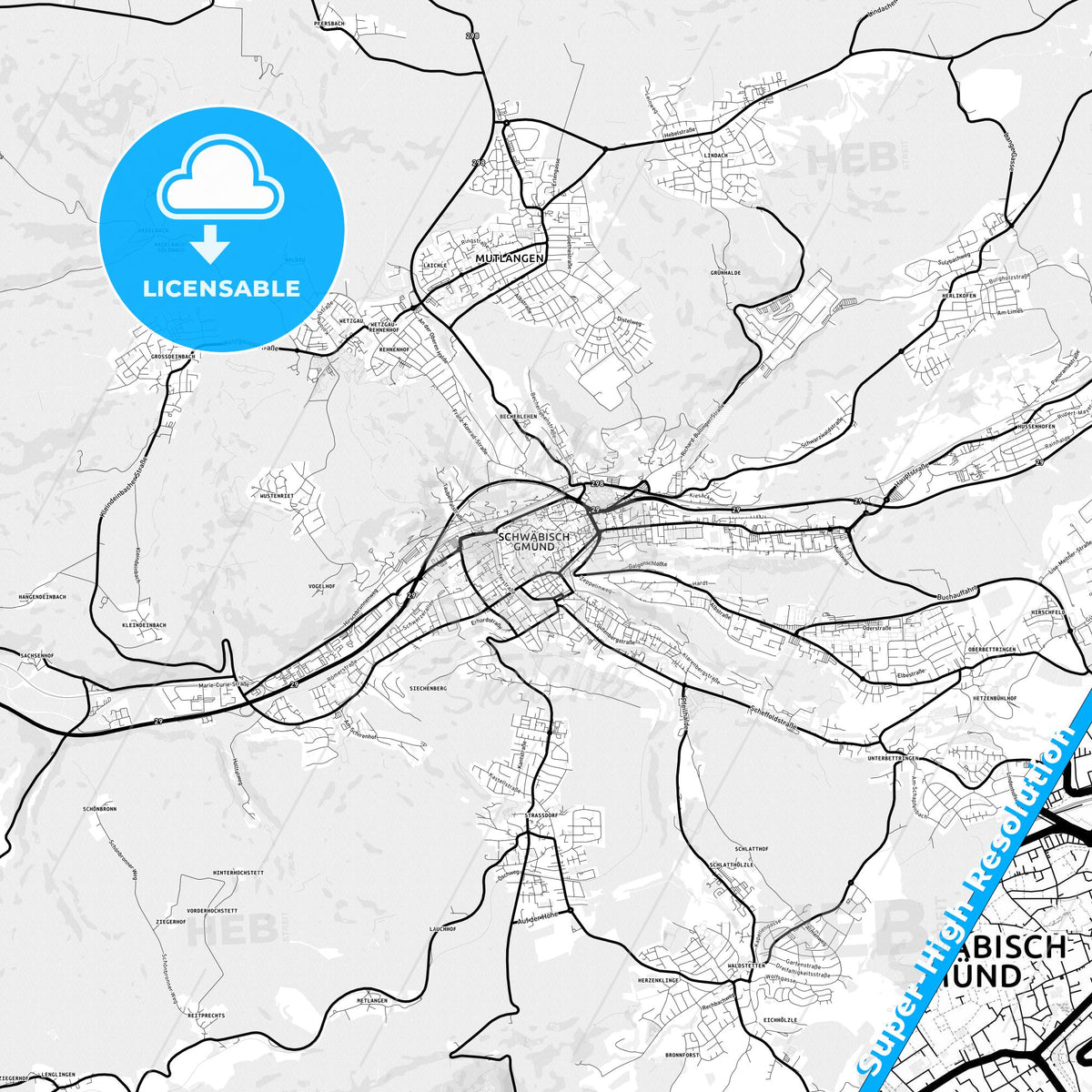 Schwabisch Gmund, Germany Light Map with Street Names, City Names, and Districts