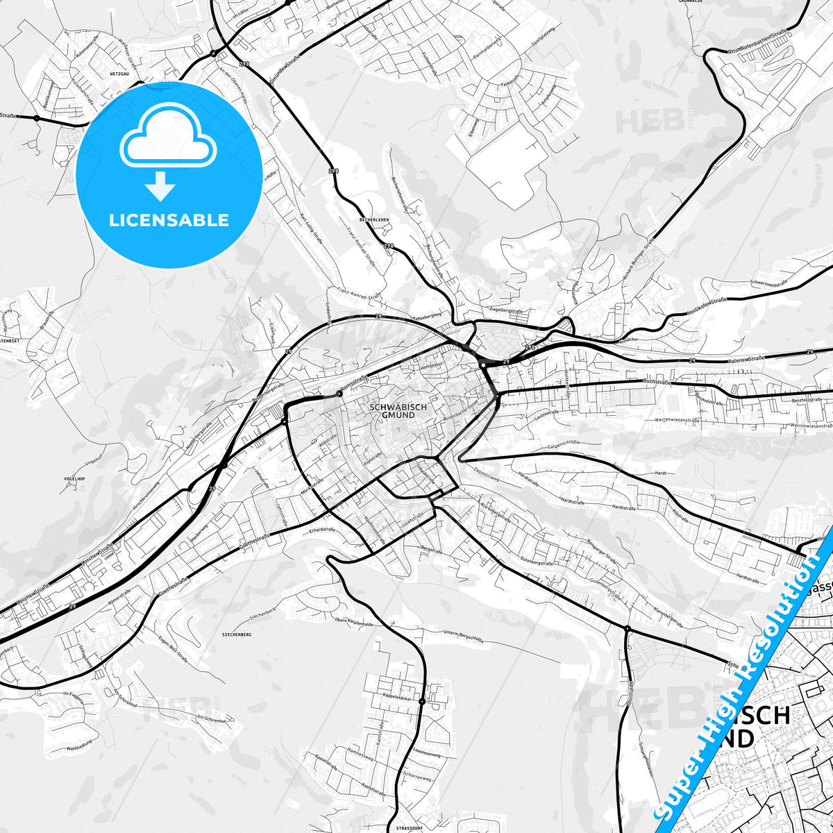 Schwabisch Gmund, Germany Light Map with Street Names, City Names, and Districts