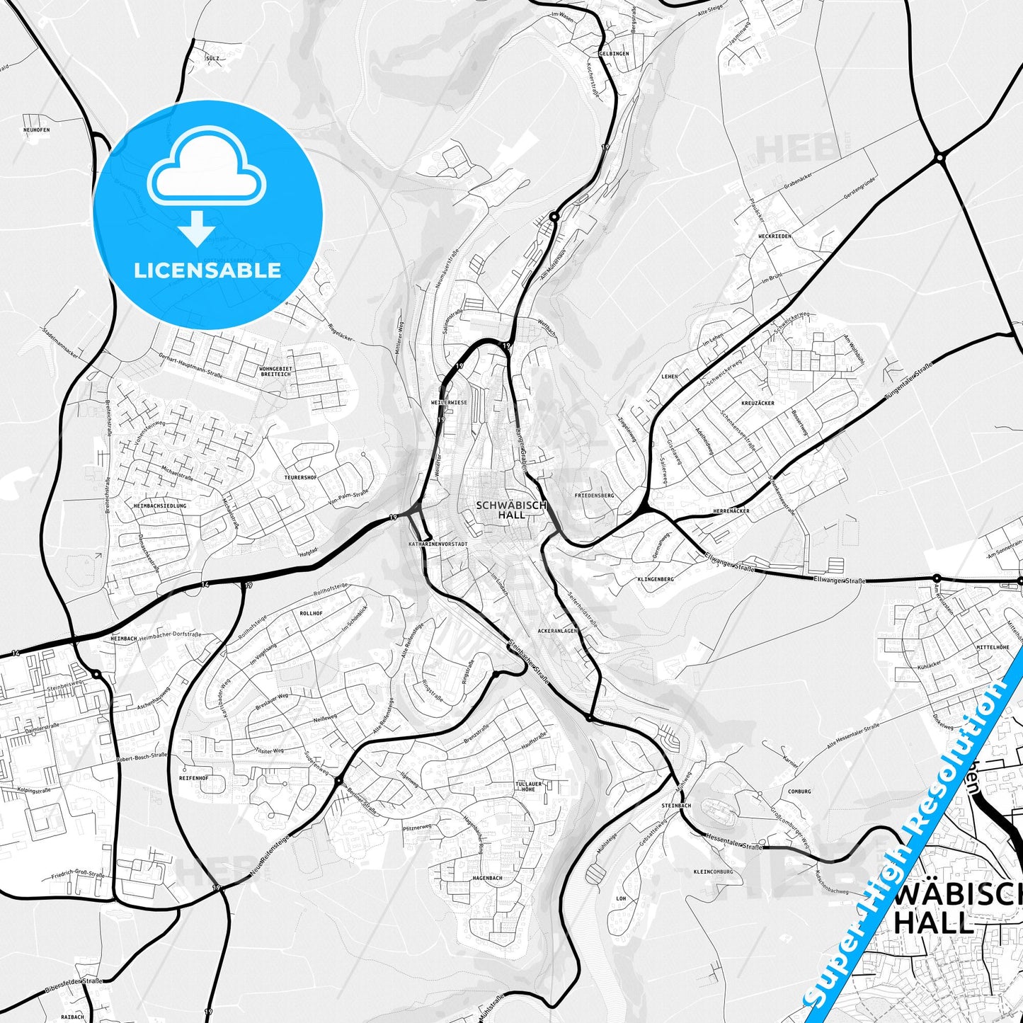 Schwabisch Hall, Germany Light Map with Street Names, City Names, and Districts