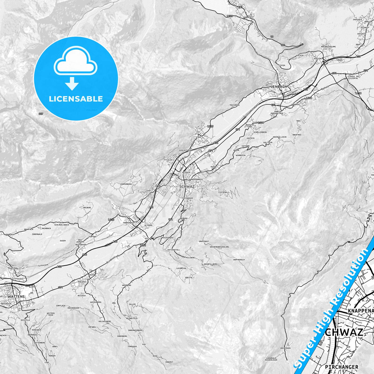 Schwaz, Austria light map with streetnames, citynames and districts