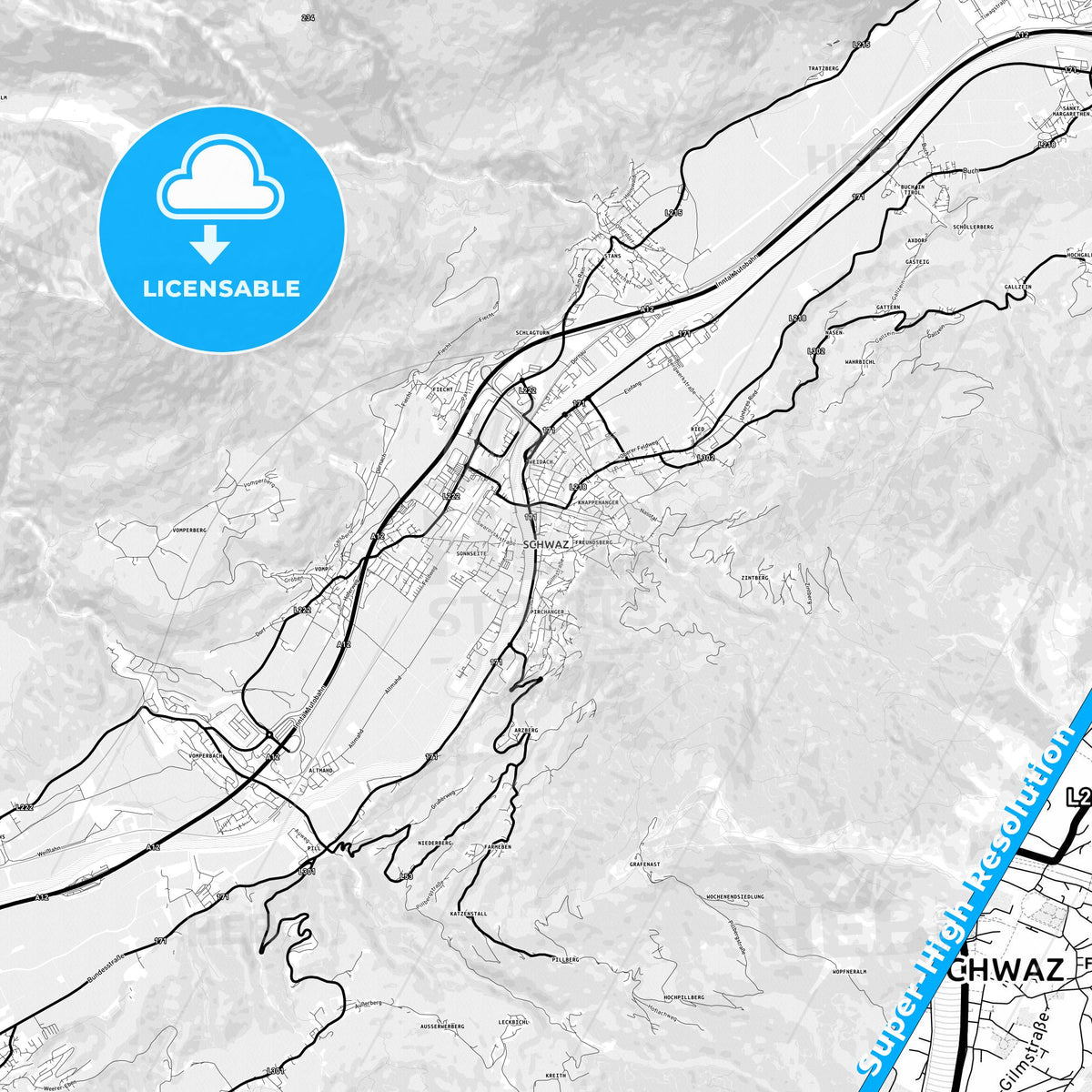 Schwaz, Austria Light Map with Street Names, City Names, and Districts