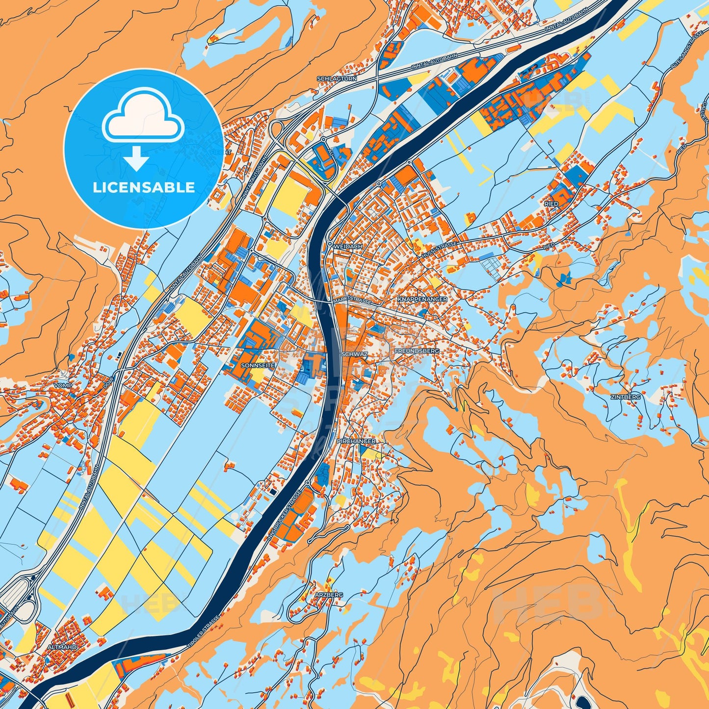 Colorful Schwaz Street Map with Labels and Buildings