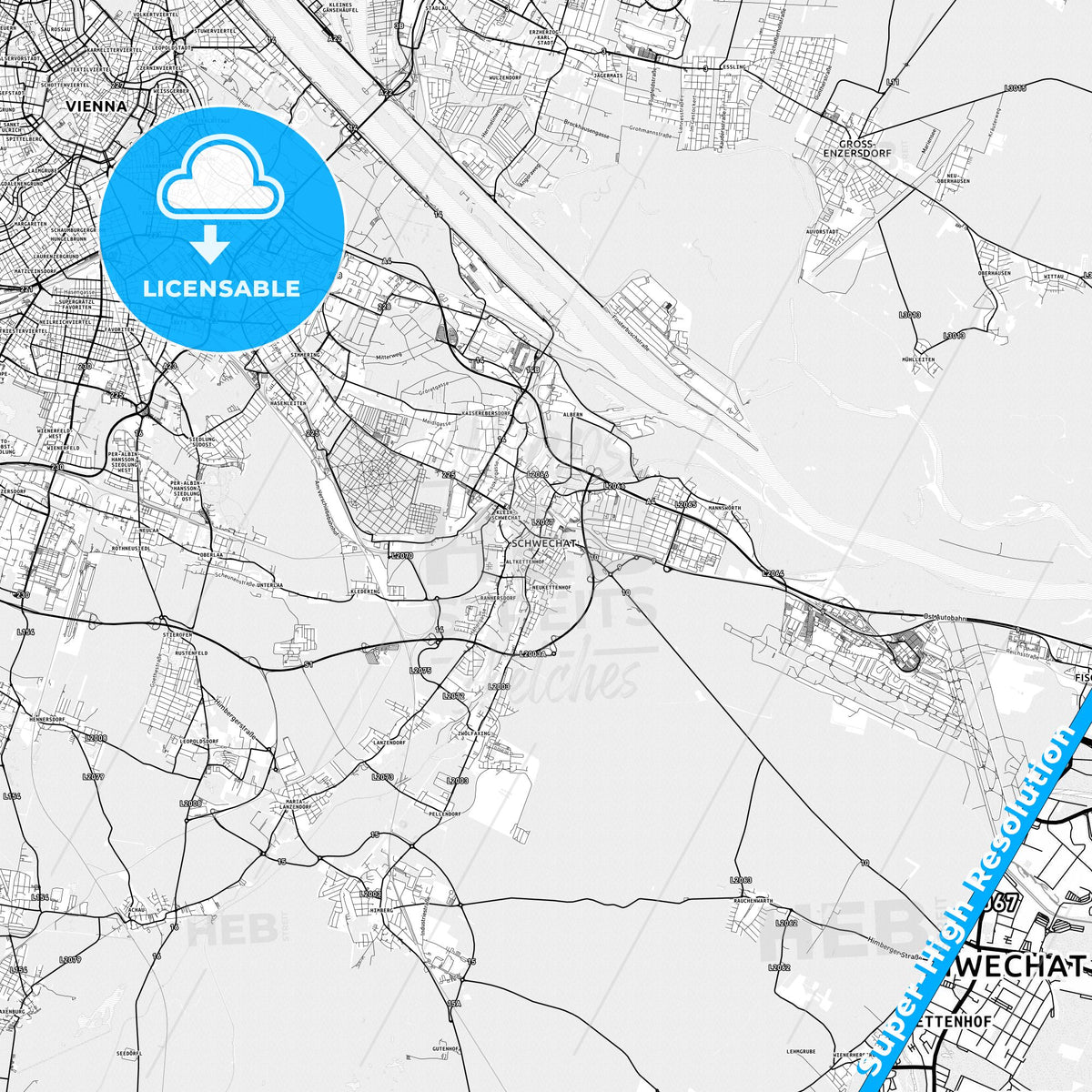 Schwechat, Austria light map with streetnames, citynames and districts