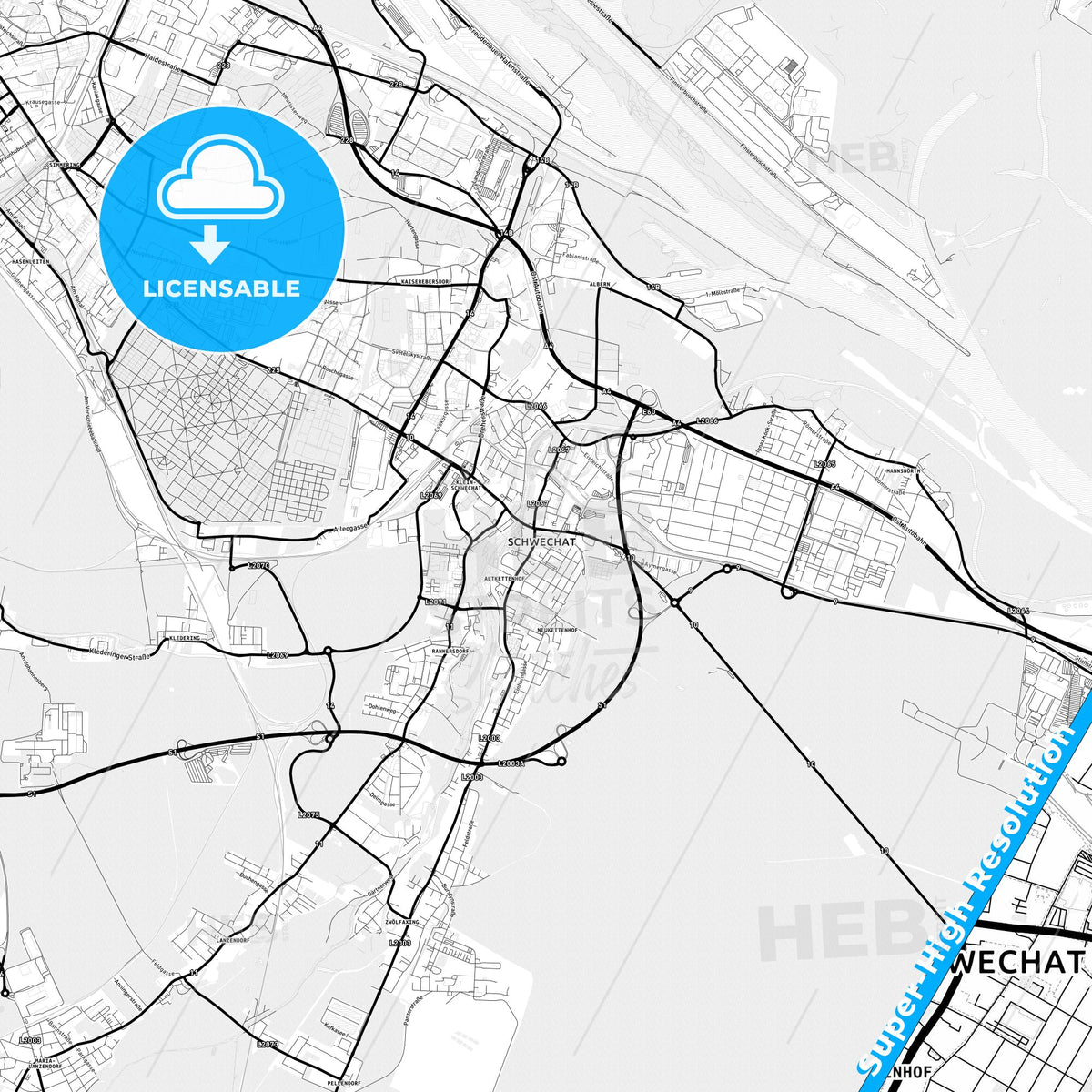 Schwechat, Austria Light Map with Street Names, City Names, and Districts