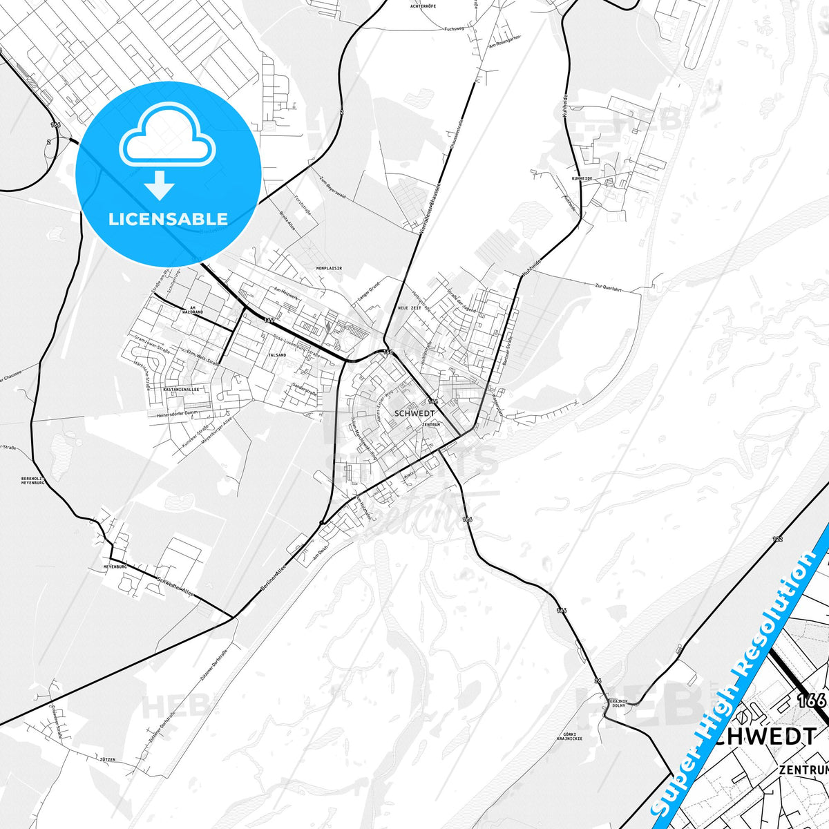 Schwedt/Oder, Germany Light Map with Street Names, City Names, and Districts