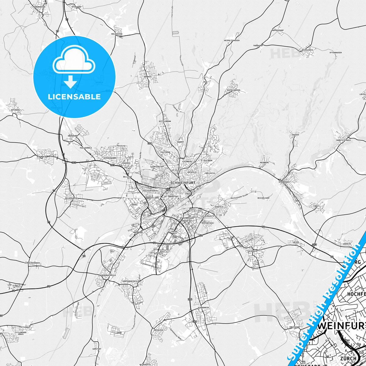 Schweinfurt, Germany light map with streetnames, citynames and districts