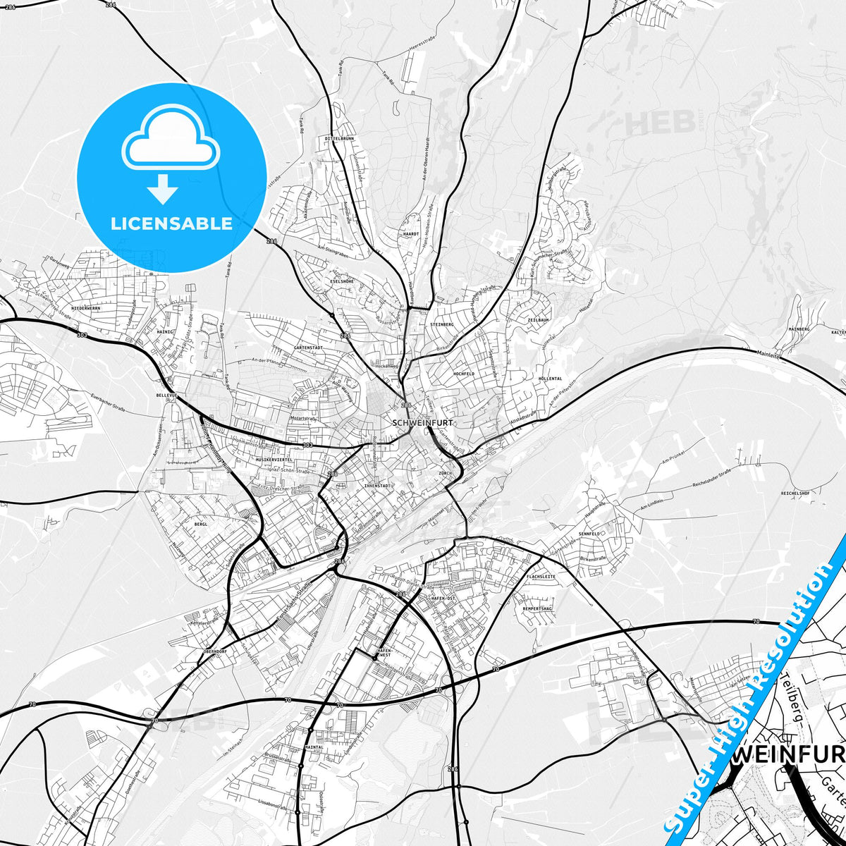 Schweinfurt, Germany Light Map with Street Names, City Names, and Districts