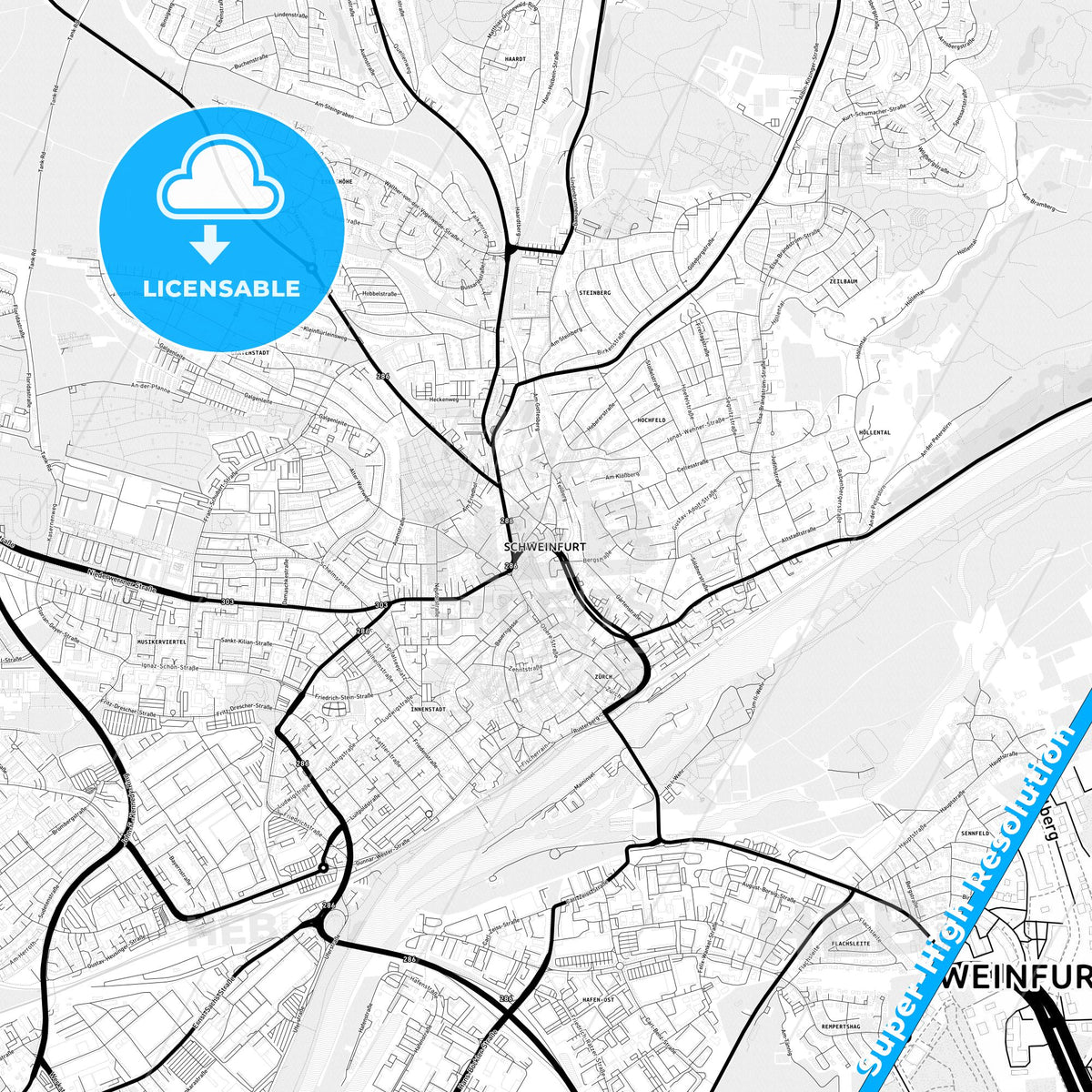 Schweinfurt, Germany Light Map with Street Names, City Names, and Districts