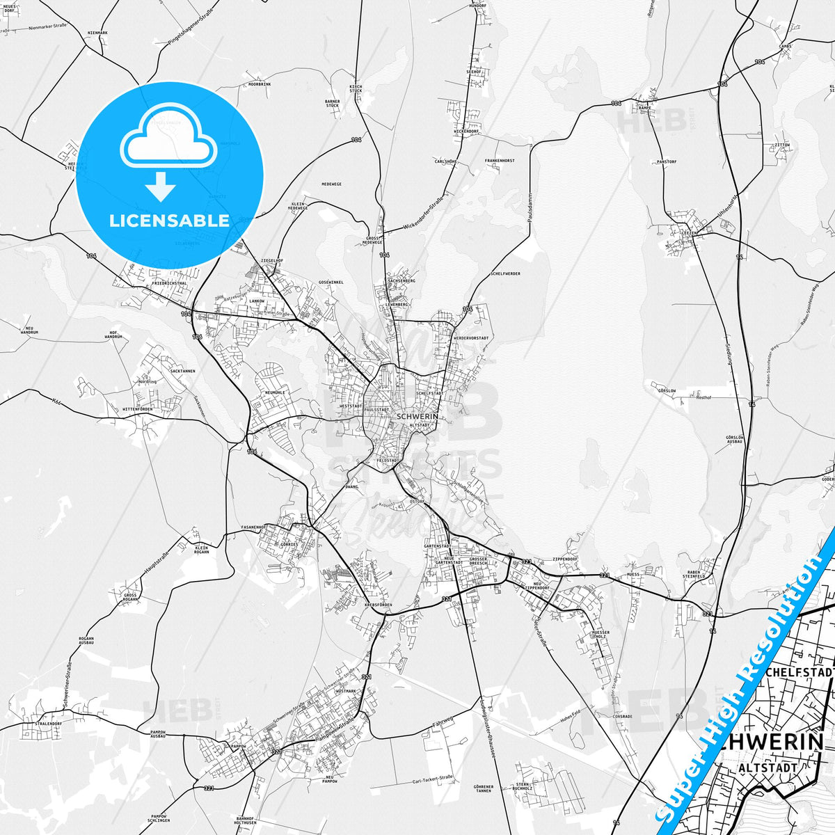 Schwerin, Germany light map with streetnames, citynames and districts