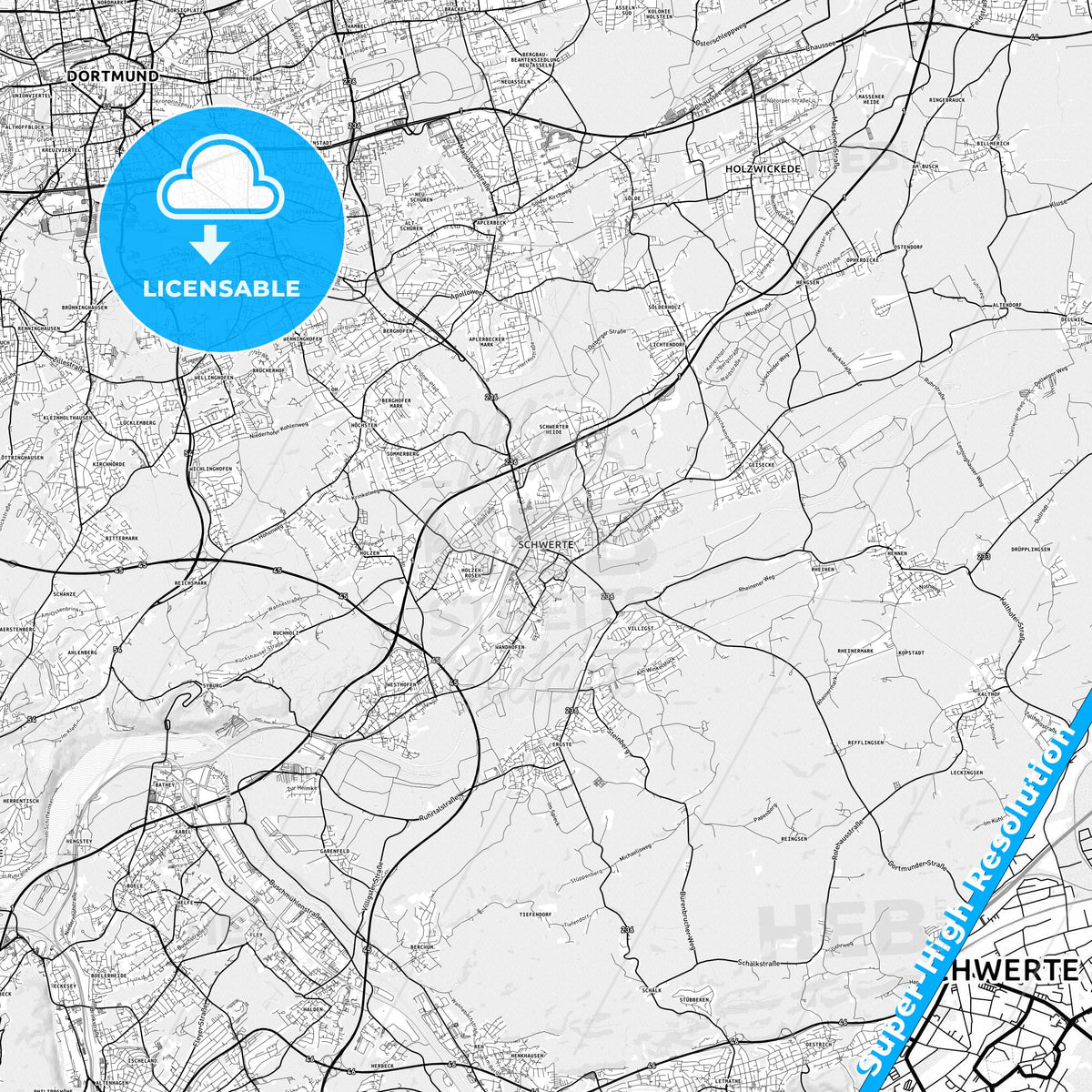 Schwerte, Germany light map with streetnames, citynames and districts