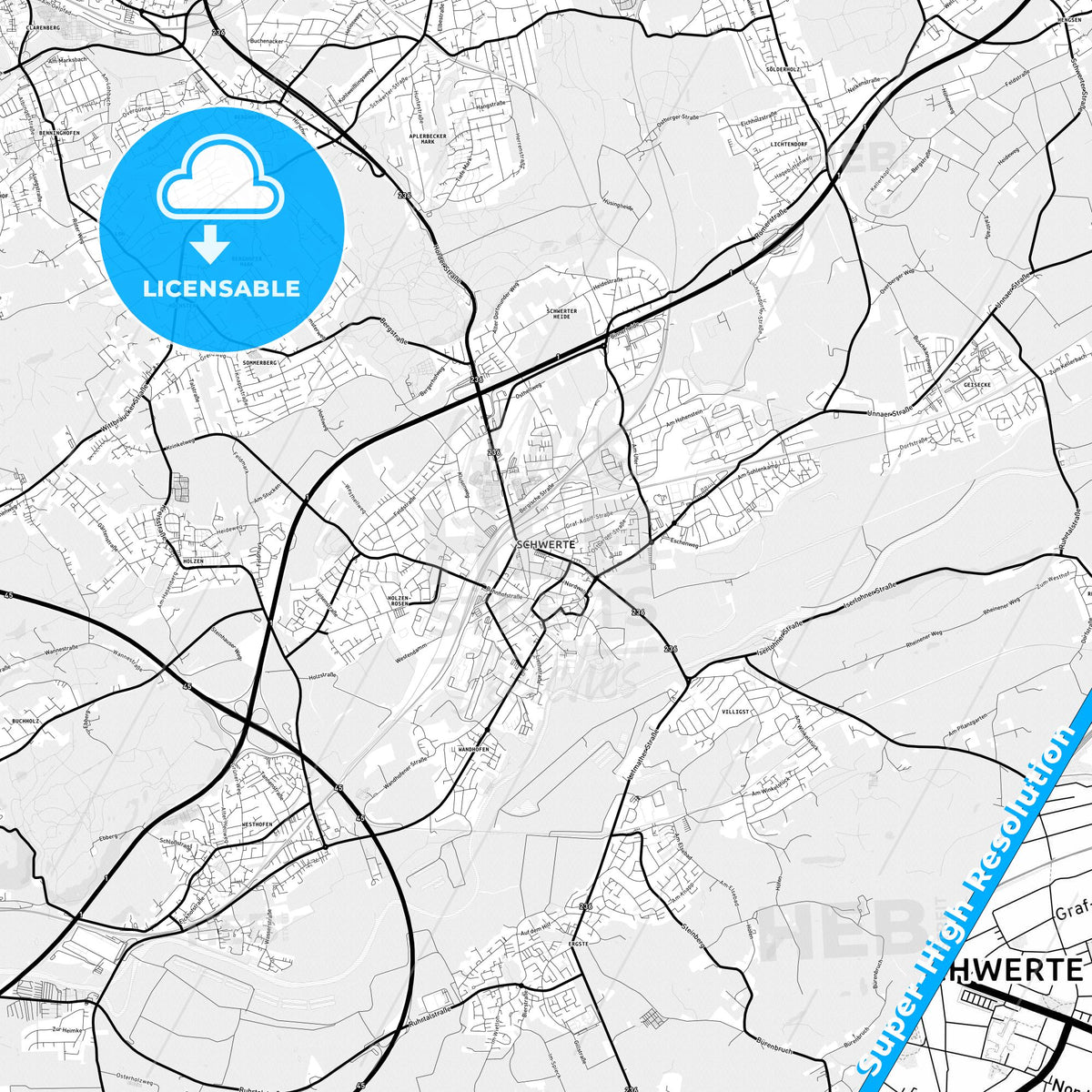 Schwerte, Germany Light Map with Street Names, City Names, and Districts