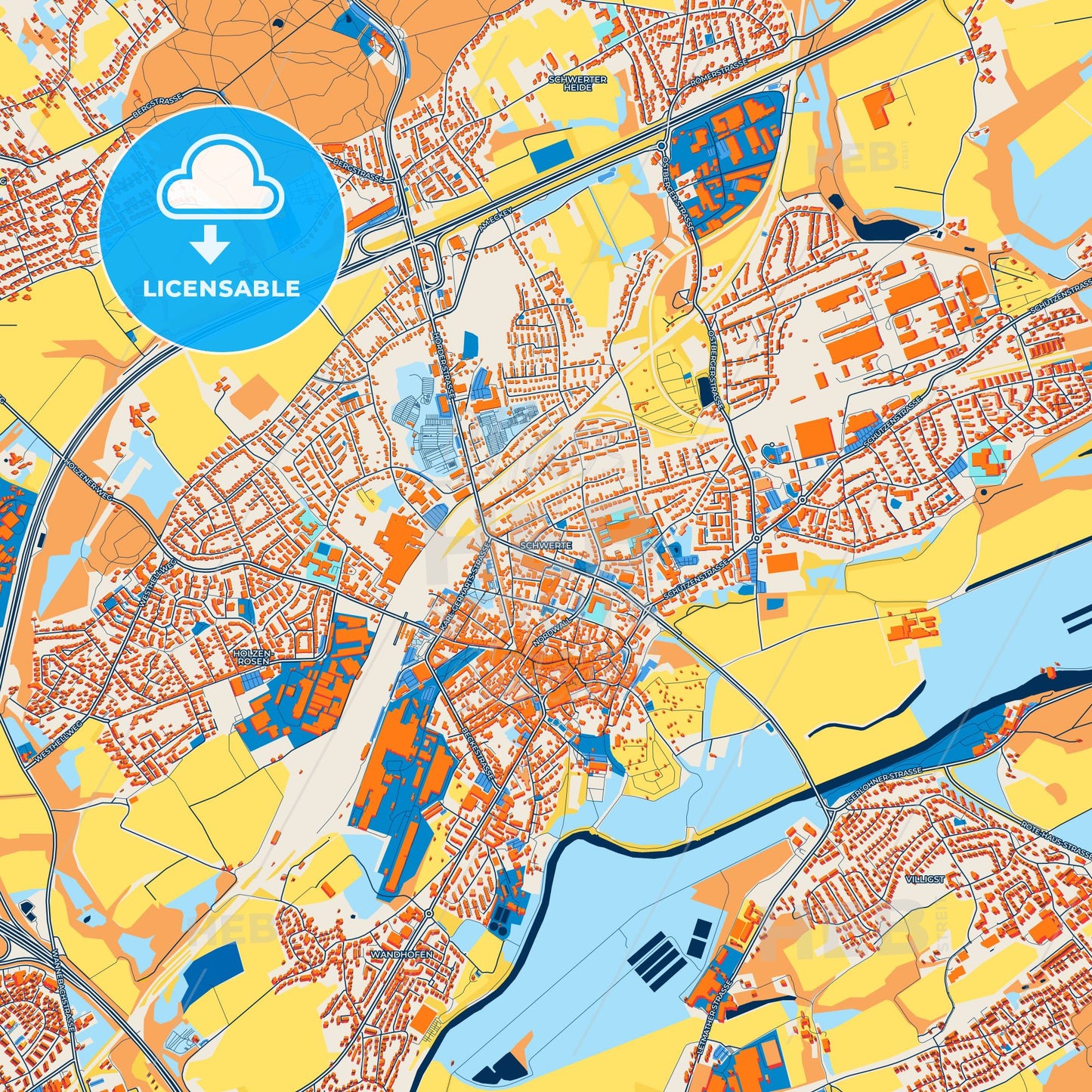Colorful Schwerte Street Map with Labels and Buildings
