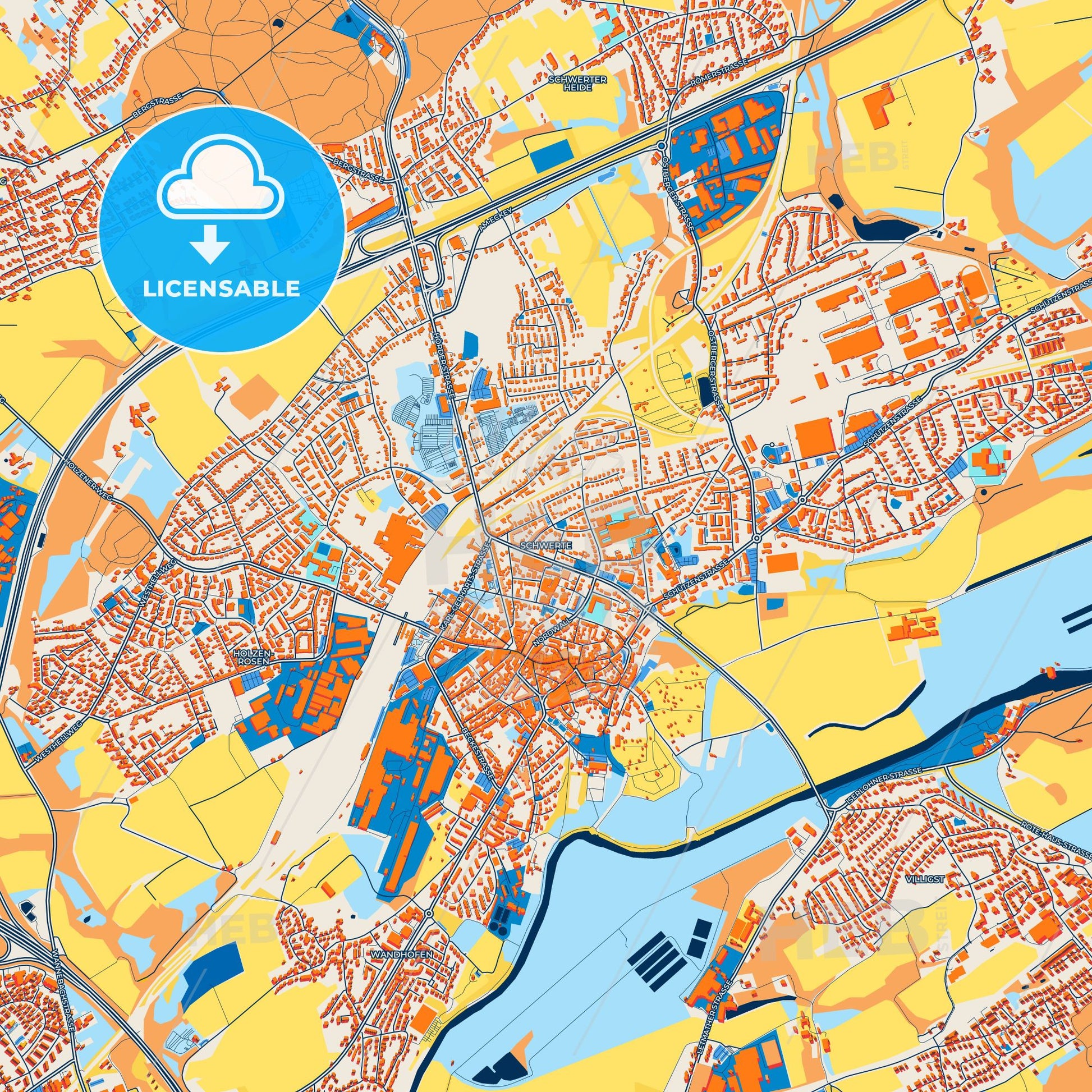 Colorful Schwerte Street Map with Labels and Buildings