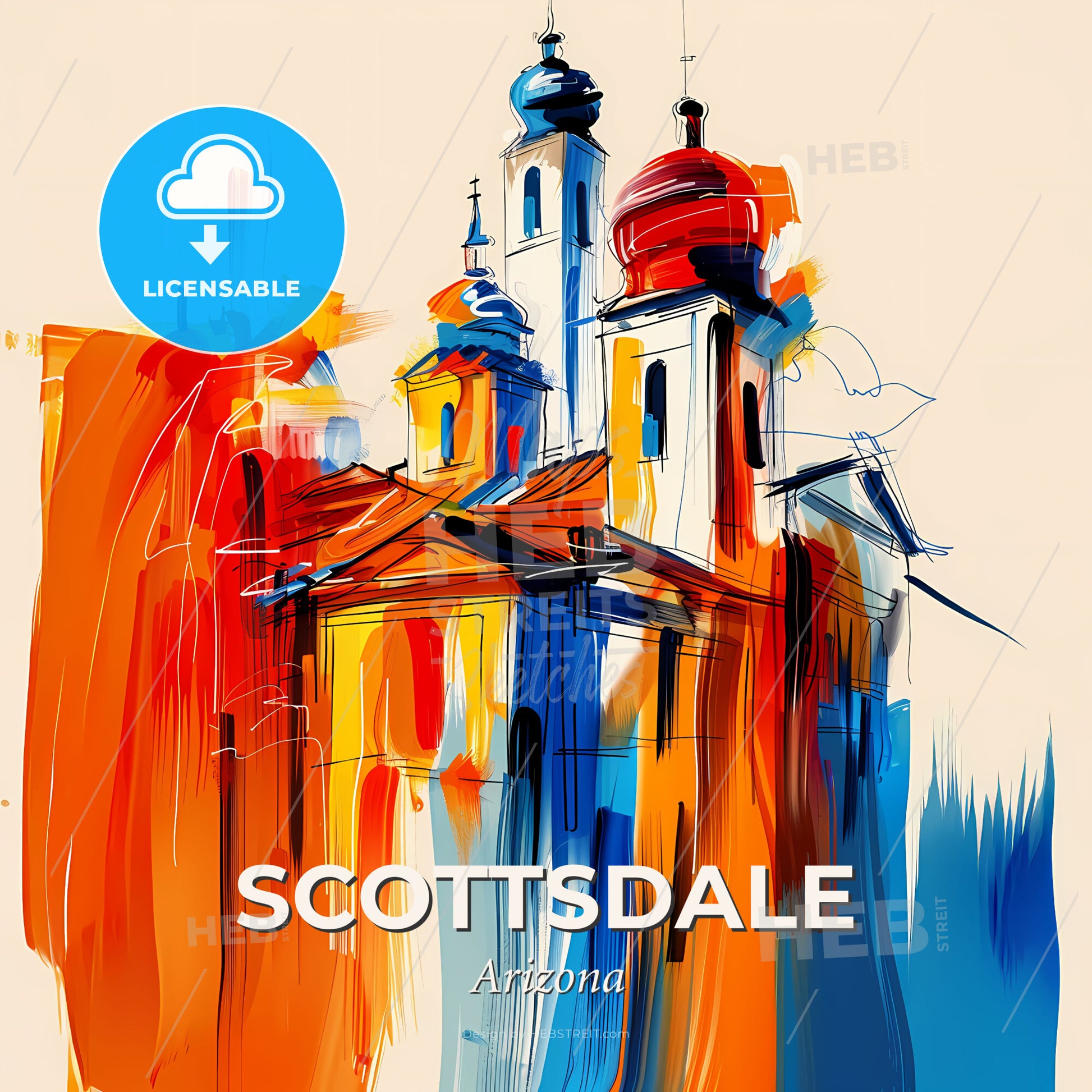 Vibrant Scottsdale, Arizona - A Painting Of A Building With Towers - Square format print template