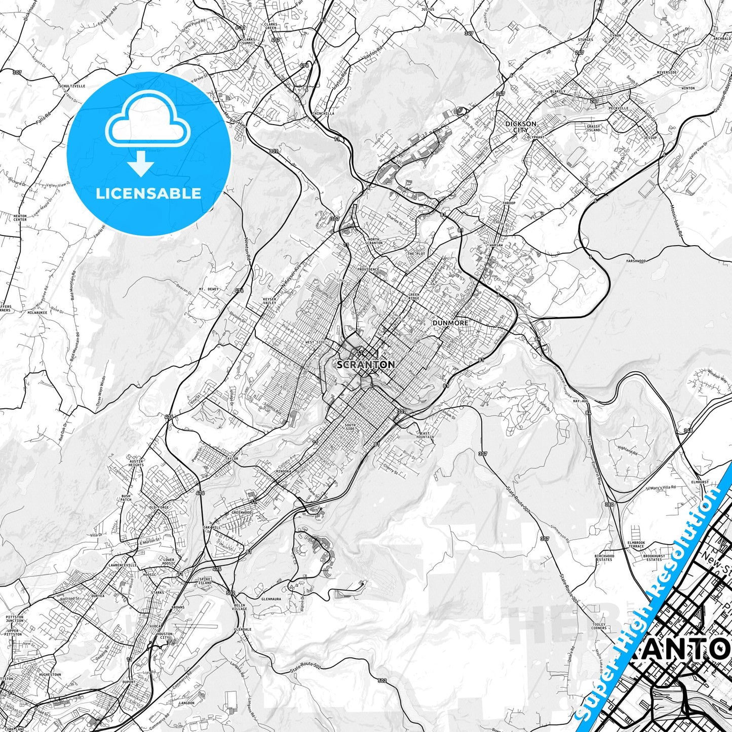 Scranton, Pennsylvania light map with streetnames, citynames and districts