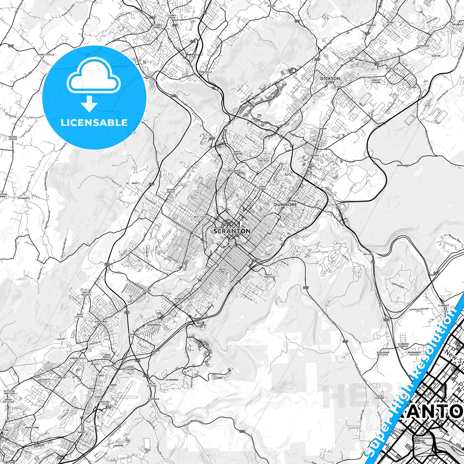 Scranton, Pennsylvania light map with streetnames, citynames and districts