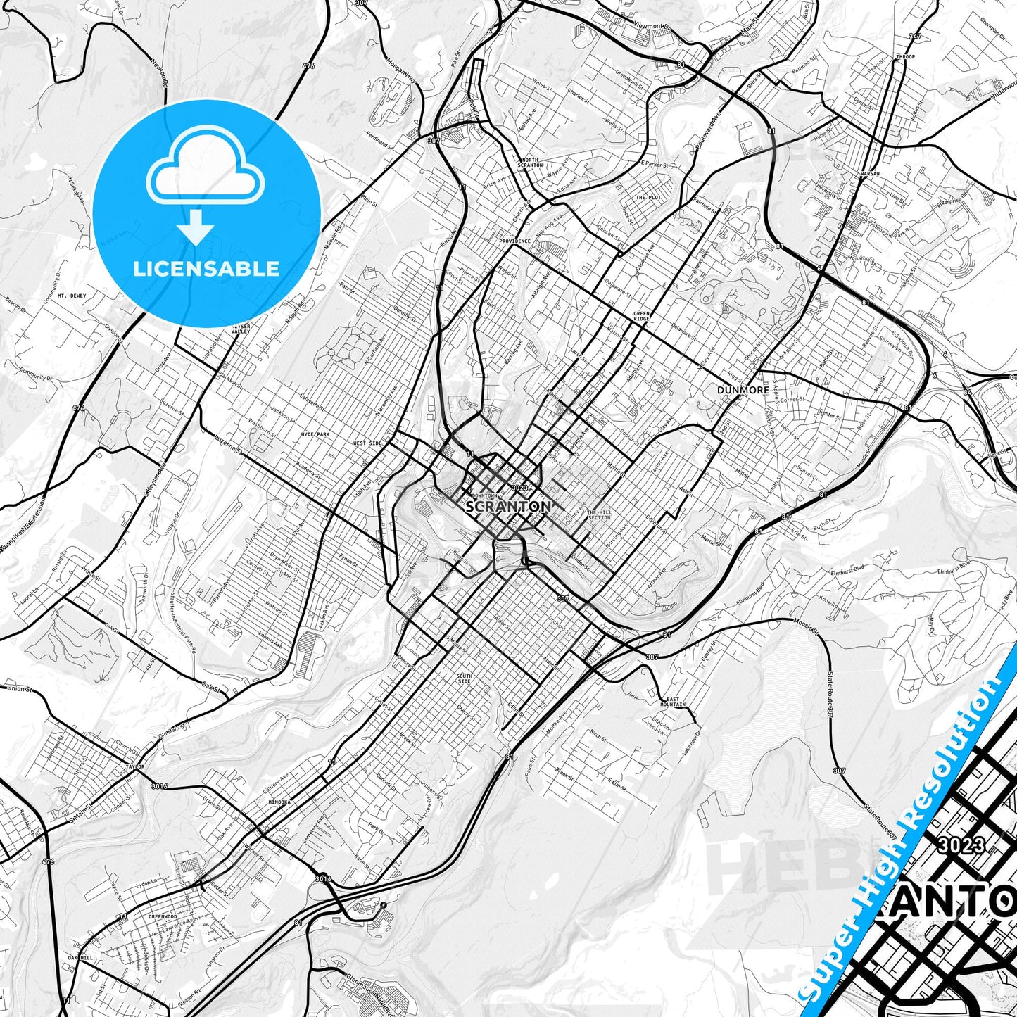 Scranton, Pennsylvania Light Map with Street Names, City Names, and Districts