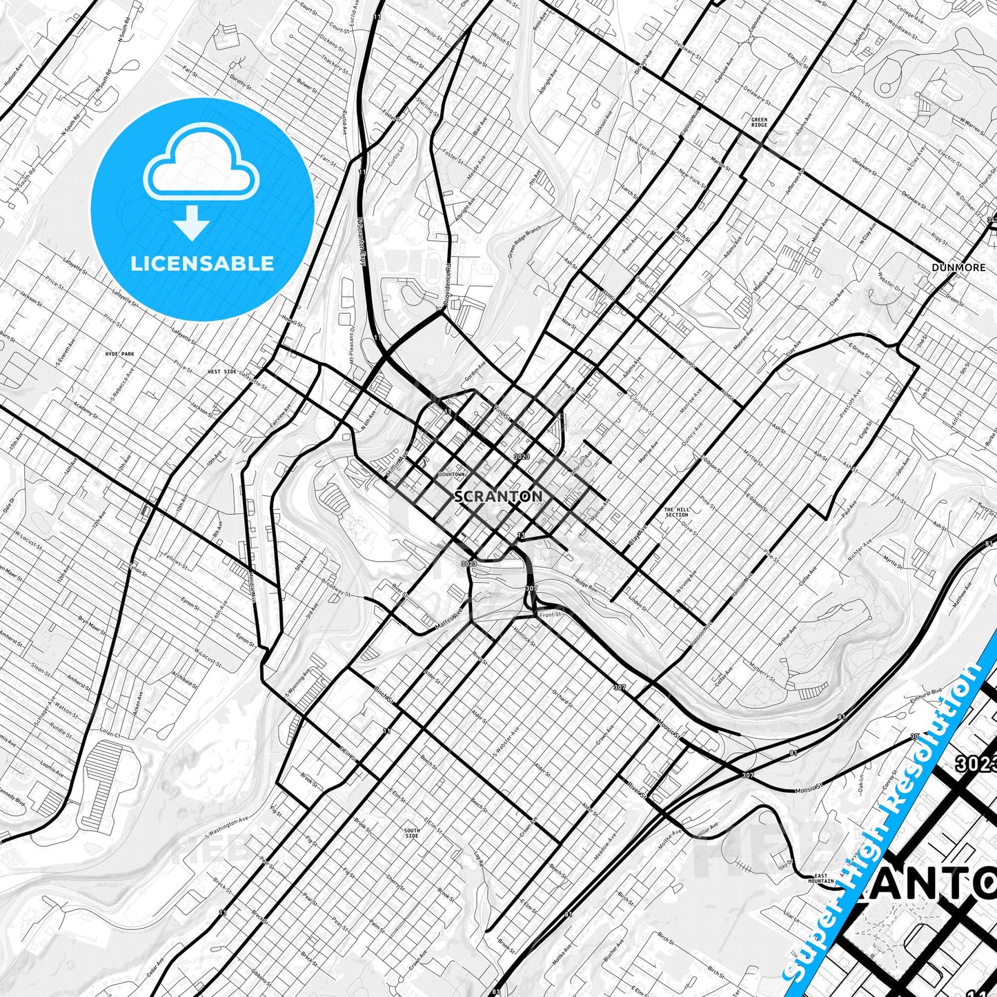 Scranton, Pennsylvania Light Map with Street Names, City Names, and Districts
