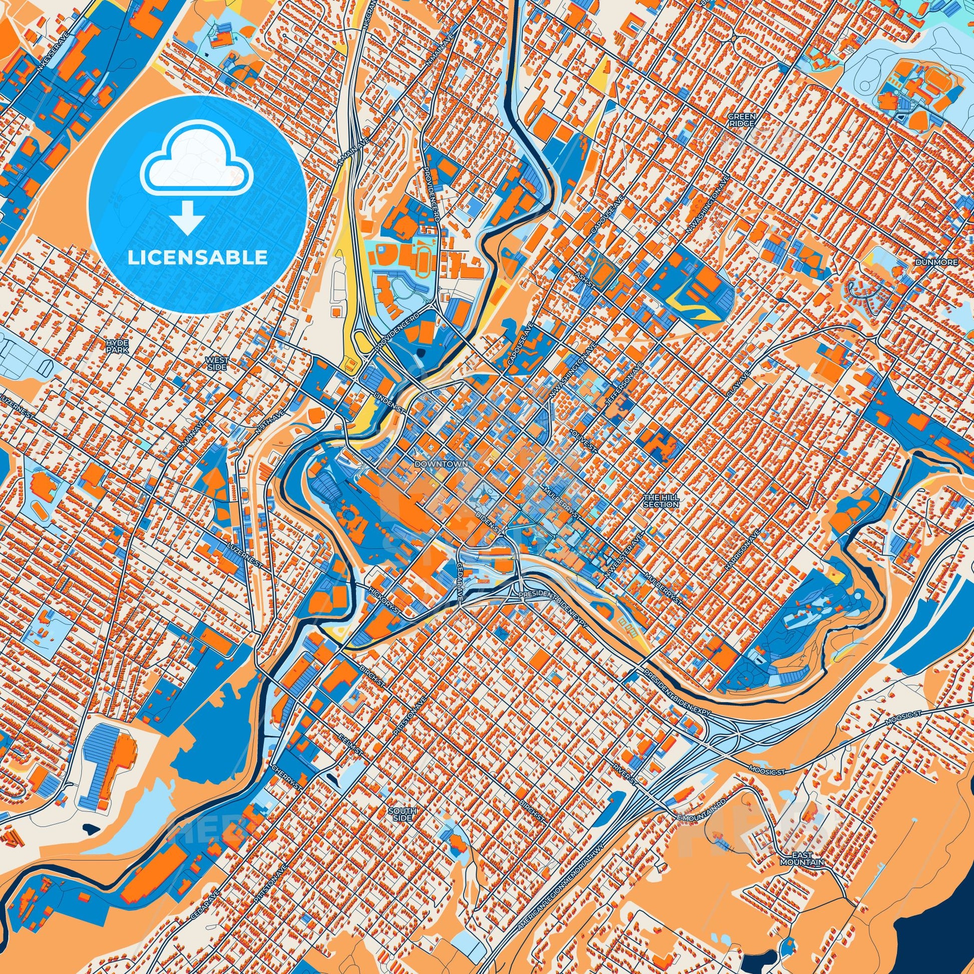 Colorful Scranton Street Map with Labels and Buildings