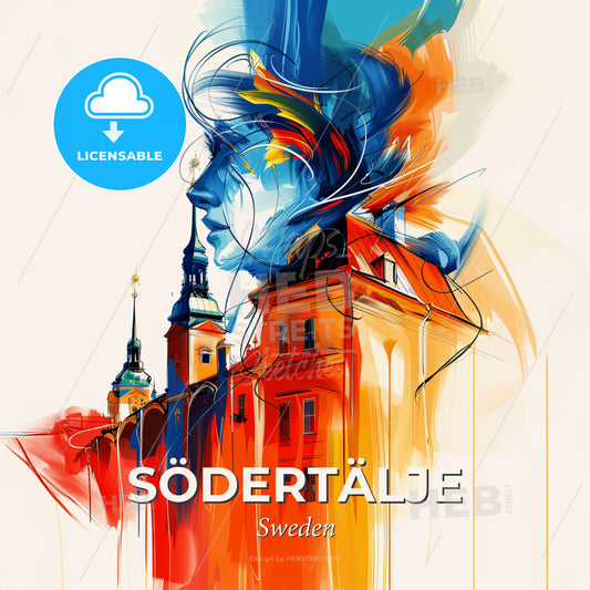 Vibrant Södertälje, Sweden - A Painting Of A Woman's Face And A Building - Square format print template