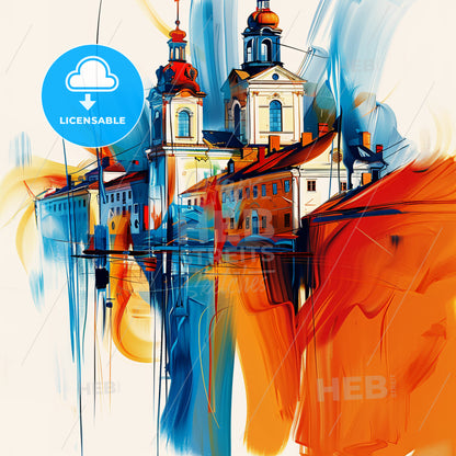 Vibrant Södertälje, Sweden - A Painting Of A Building With Towers And A Colorful Background