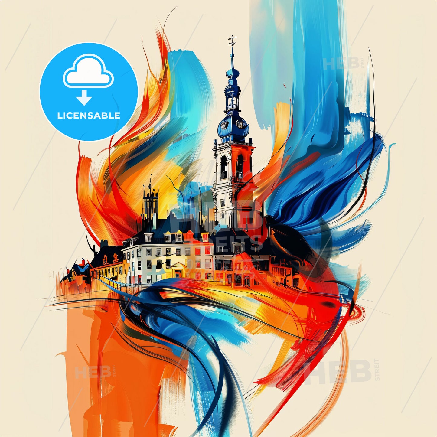 Vibrant Súdwest-Fryslân, Netherlands - A Painting Of A Building With A Tower And Colorful Brushstrokes