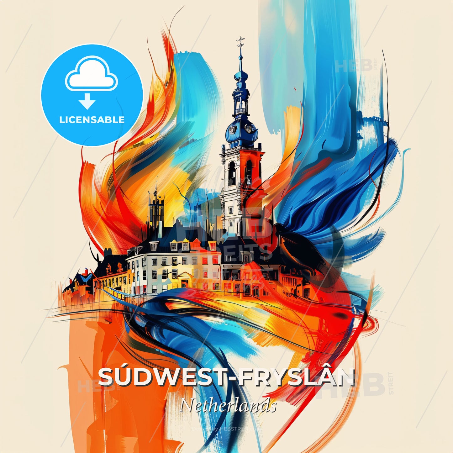 Vibrant Súdwest-Fryslân, Netherlands - A Painting Of A Building With A Tower And Colorful Brushstrokes - Square format print template
