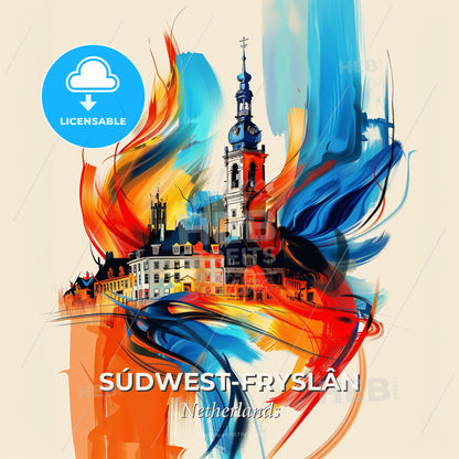 Vibrant Súdwest-Fryslân, Netherlands - A Painting Of A Building With A Tower And Colorful Brushstrokes - Square format print template