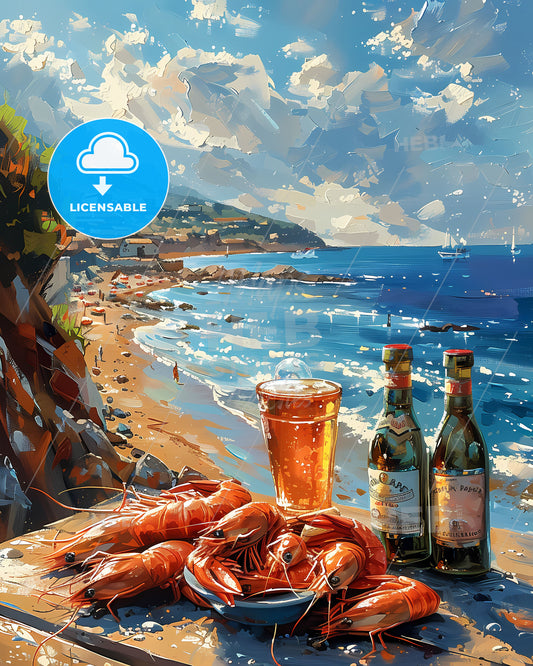 Dramatic Art Painting: Seafood Feast on the Beach with Majestic Sea View and Refreshing Beer