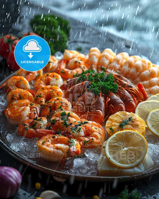 Dramatic Depiction of Seafood Feast: Plate of Sea Delicacies Adorned with Lemons and Tomatoes Against a Vibrant Oceanic Backdrop