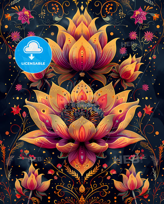 Vibrant Indian Style Seamless Pattern with Decorative Floral Design in Yellow, Teal, Crimson, and Black