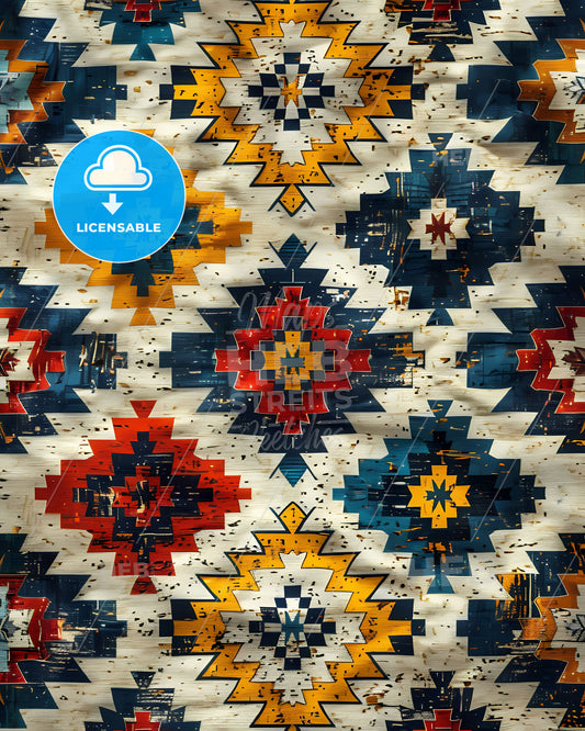 Intricate Indian-Inspired Seamless Pattern: Hand-Painted Craftcore with Dotted Cultural Elements in Vibrant Teal, Yellow, Crimson on a Surface