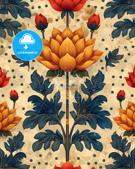 Seamless pattern in vibrant light yellow, dark cyan, teal, crimson with culturally diverse elements in hand-coloring, craftcore, dotted, traditional craftsmanship style depicting a colorful flower design on a wall with a focus on the art aspect