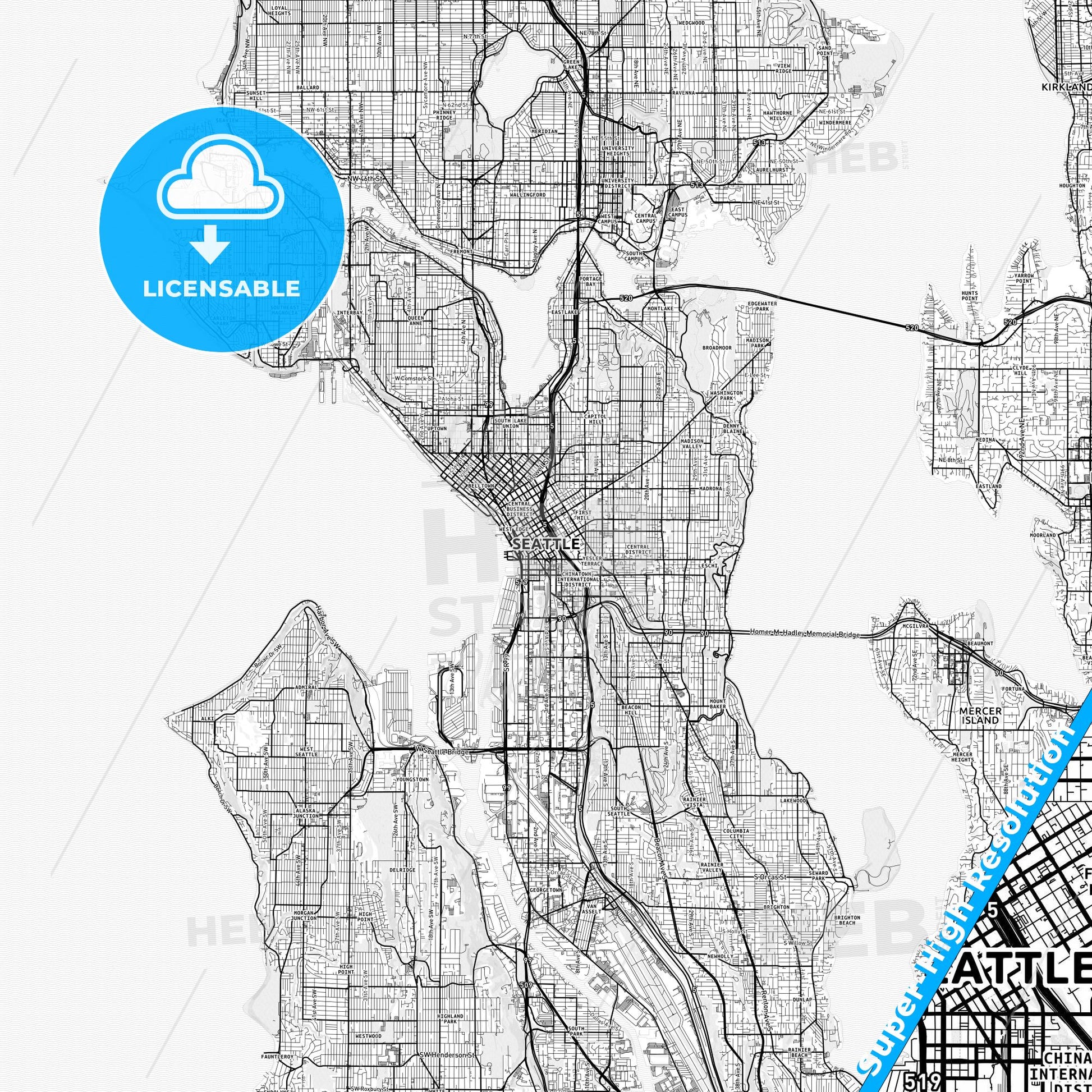 Seattle, Washington light map with streetnames, citynames and districts