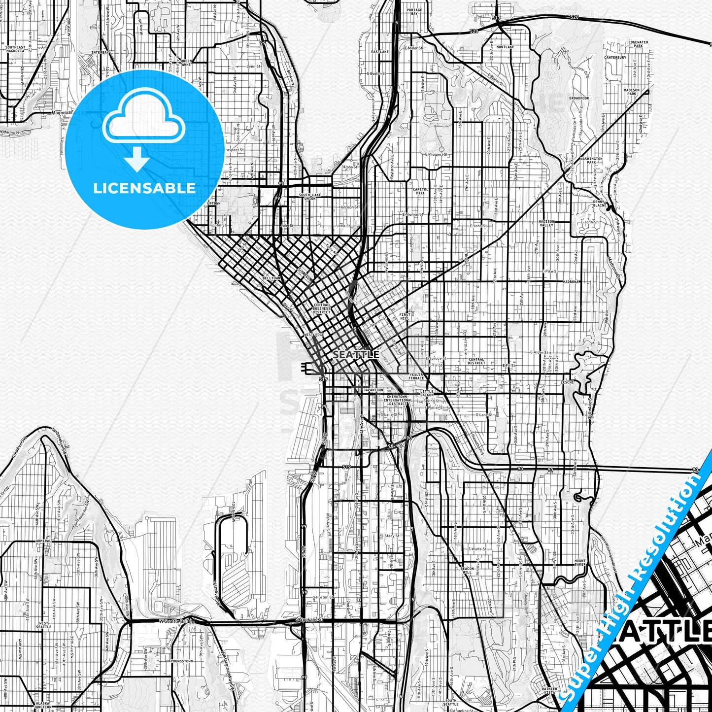 Seattle, Washington Light Map with Street Names, City Names, and Districts